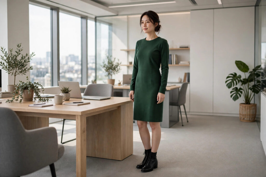 Petite woman in a forest green long-sleeve ponte dress at the knee with black ankle boots, office