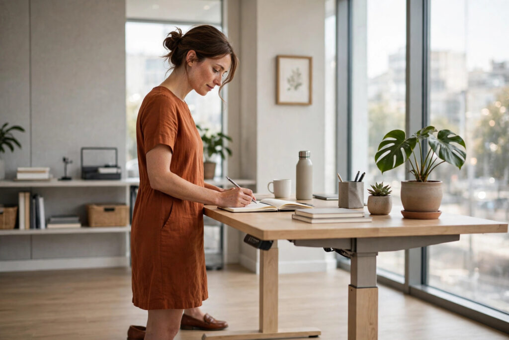 Petite woman at a standing desk in a rust shift dress with side pockets and brown loafers