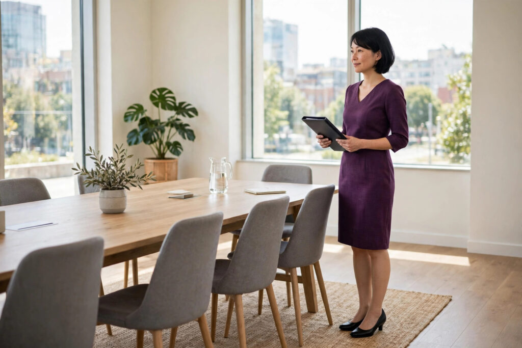 Petite woman in a plum V-neck sheath dress holding a folder in a meeting room, hem just below the knee