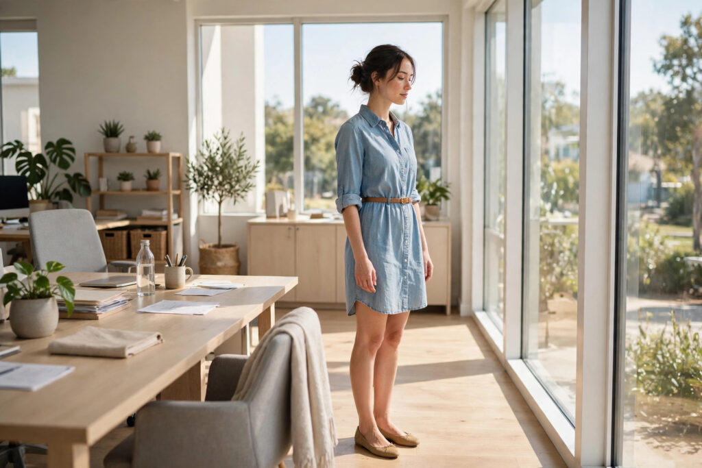 Petite woman in a light blue chambray shirt dress with rolled sleeves, tan belt and ballet flats, sunlit office