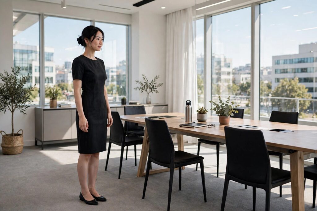 Petite woman in a black pinstripe sheath with short sleeves and black pointed flats in a bright boardroom