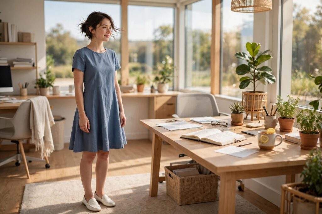 Petite woman in a dusty blue short-sleeve A-line dress, hem above the knee, white loafers, sunlit warm-day office