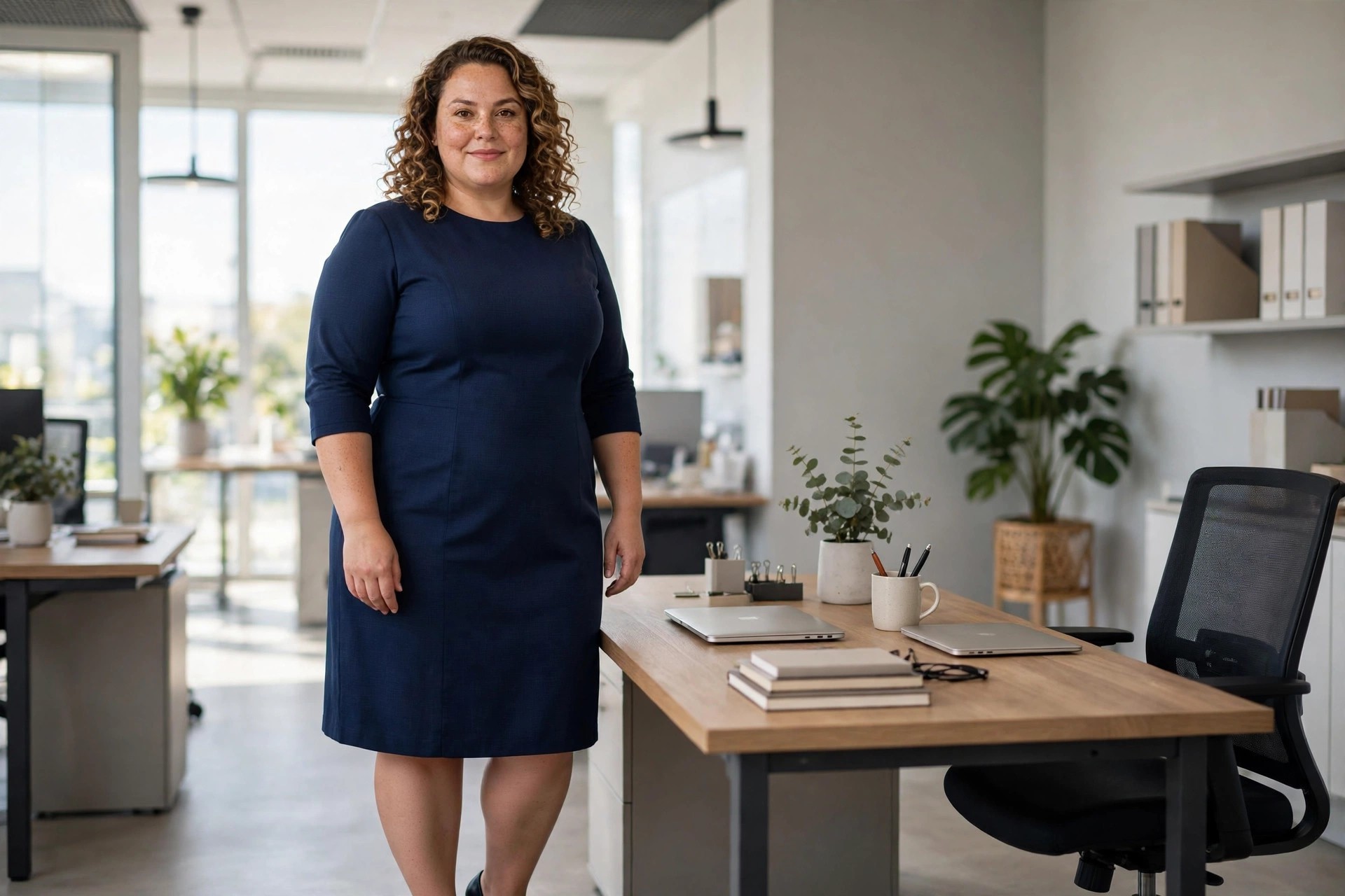Plus-size woman in a navy sheath dress with elbow sleeves standing beside an office desk