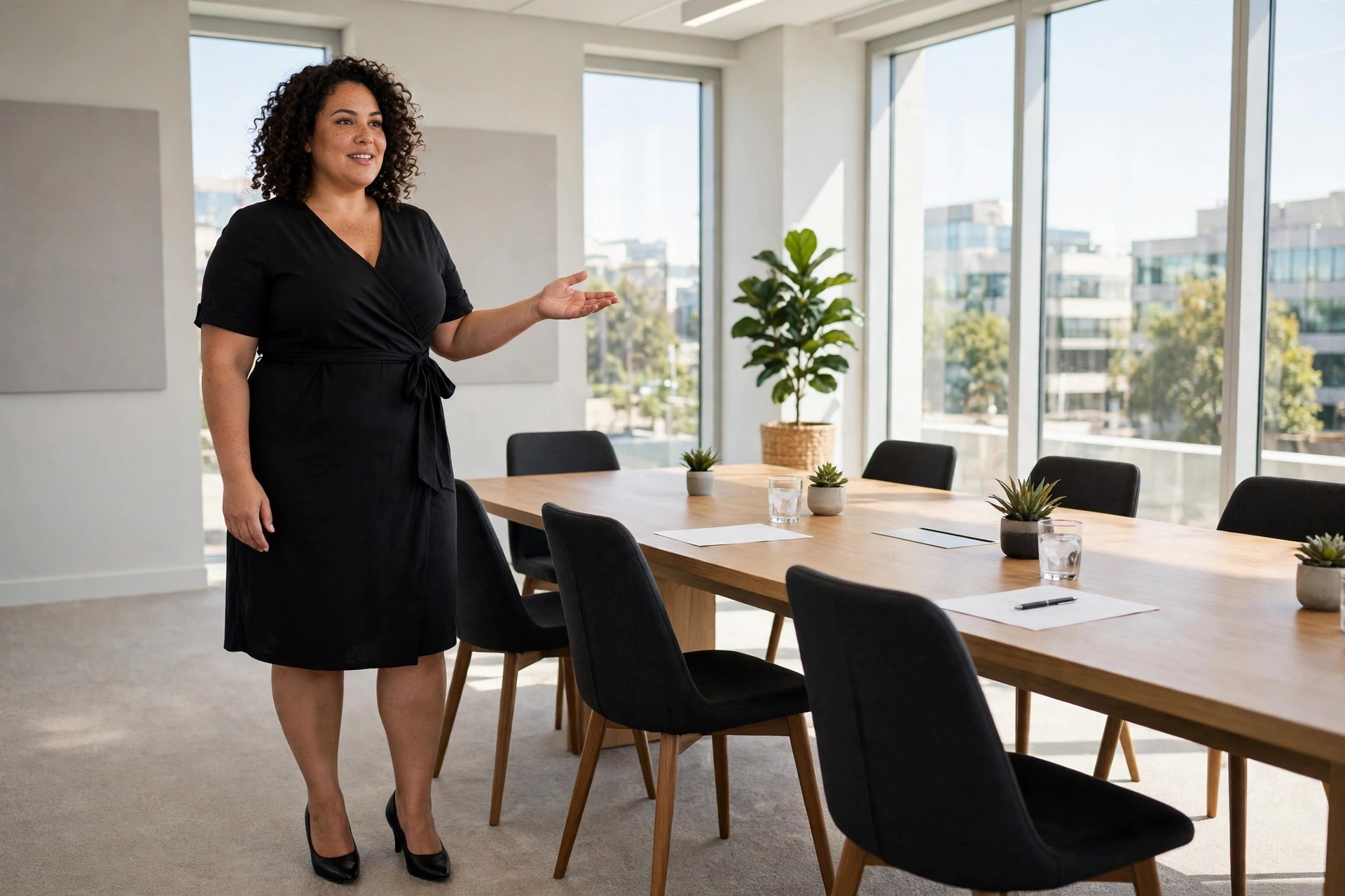 Plus-size woman in a black wrap dress with a tie waist presenting in a conference room