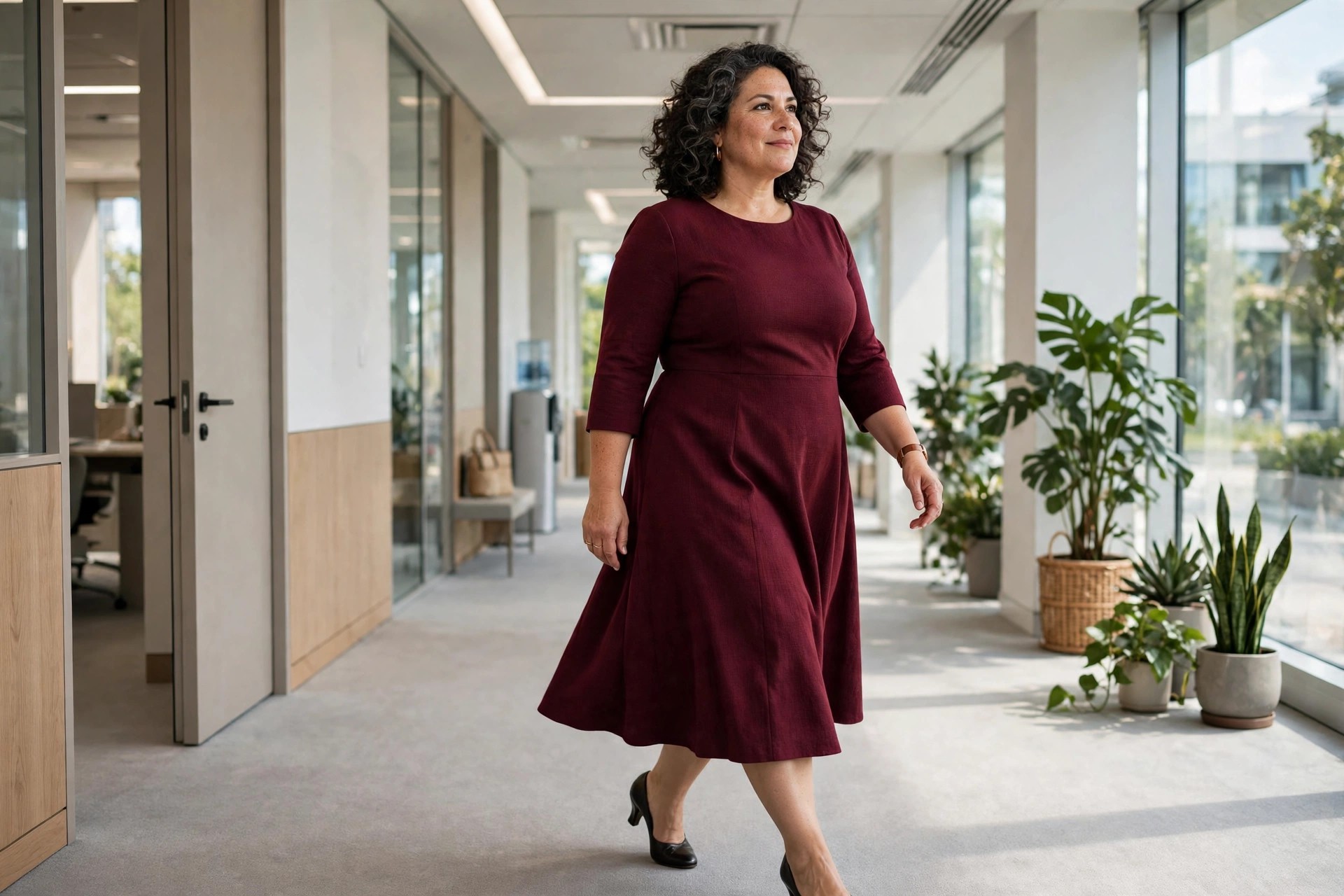 Plus-size woman in a burgundy A-line midi dress with three-quarter sleeves walking through an office corridor
