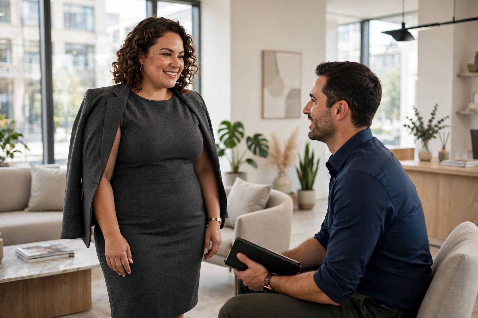 Plus-size woman in a charcoal ponte sheath dress with a blazer over her shoulders meeting a client in an office lounge