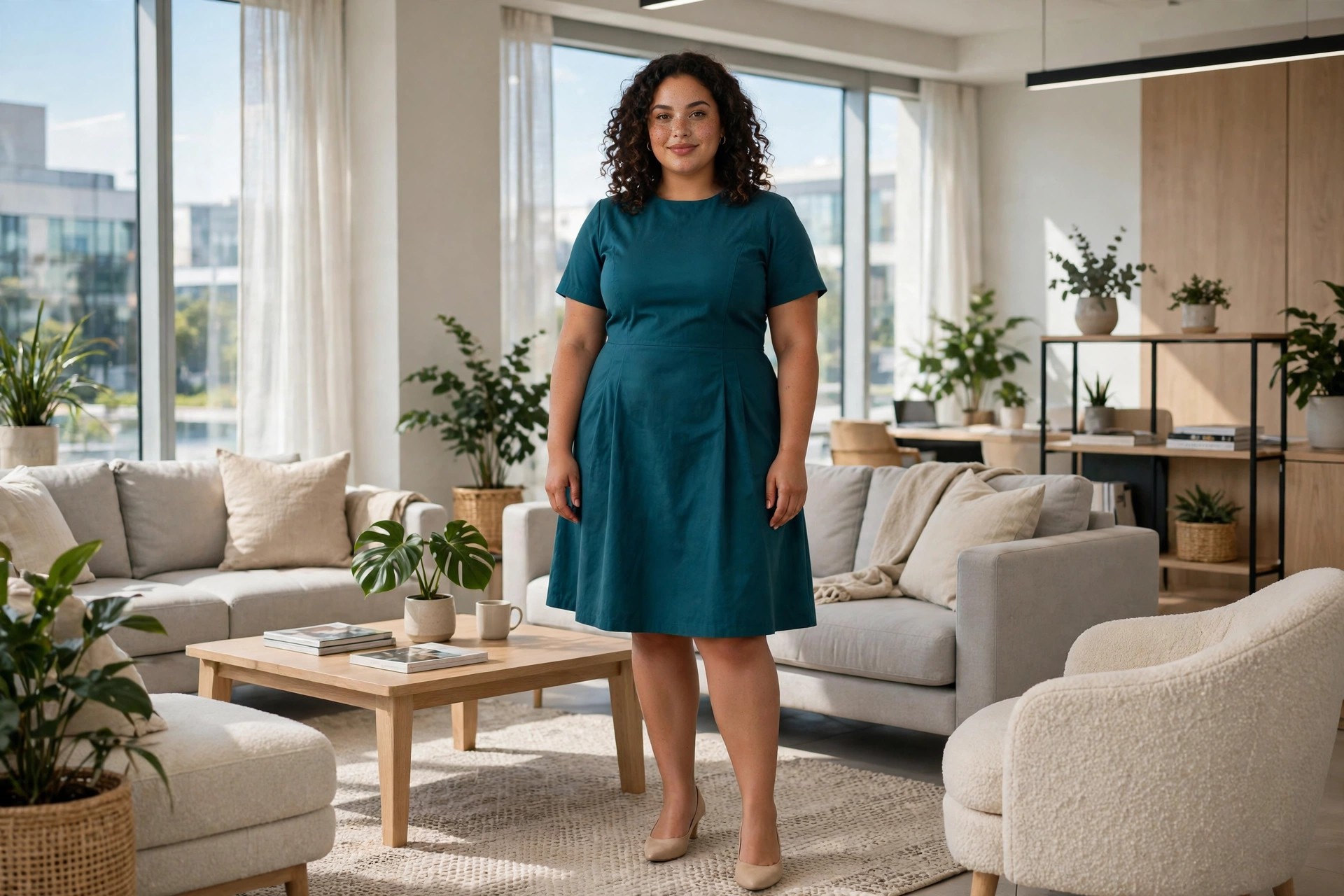 Plus-size woman in a teal fit-and-flare knee-length dress with short sleeves in an office lounge