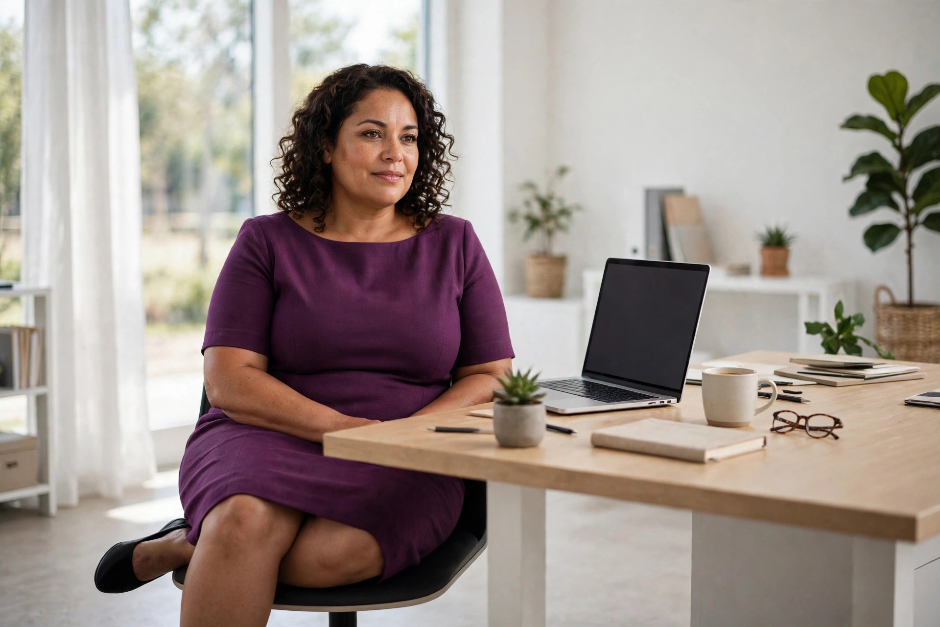 Plus-size woman in a plum shift dress with a boat neckline seated at an office desk with a laptop