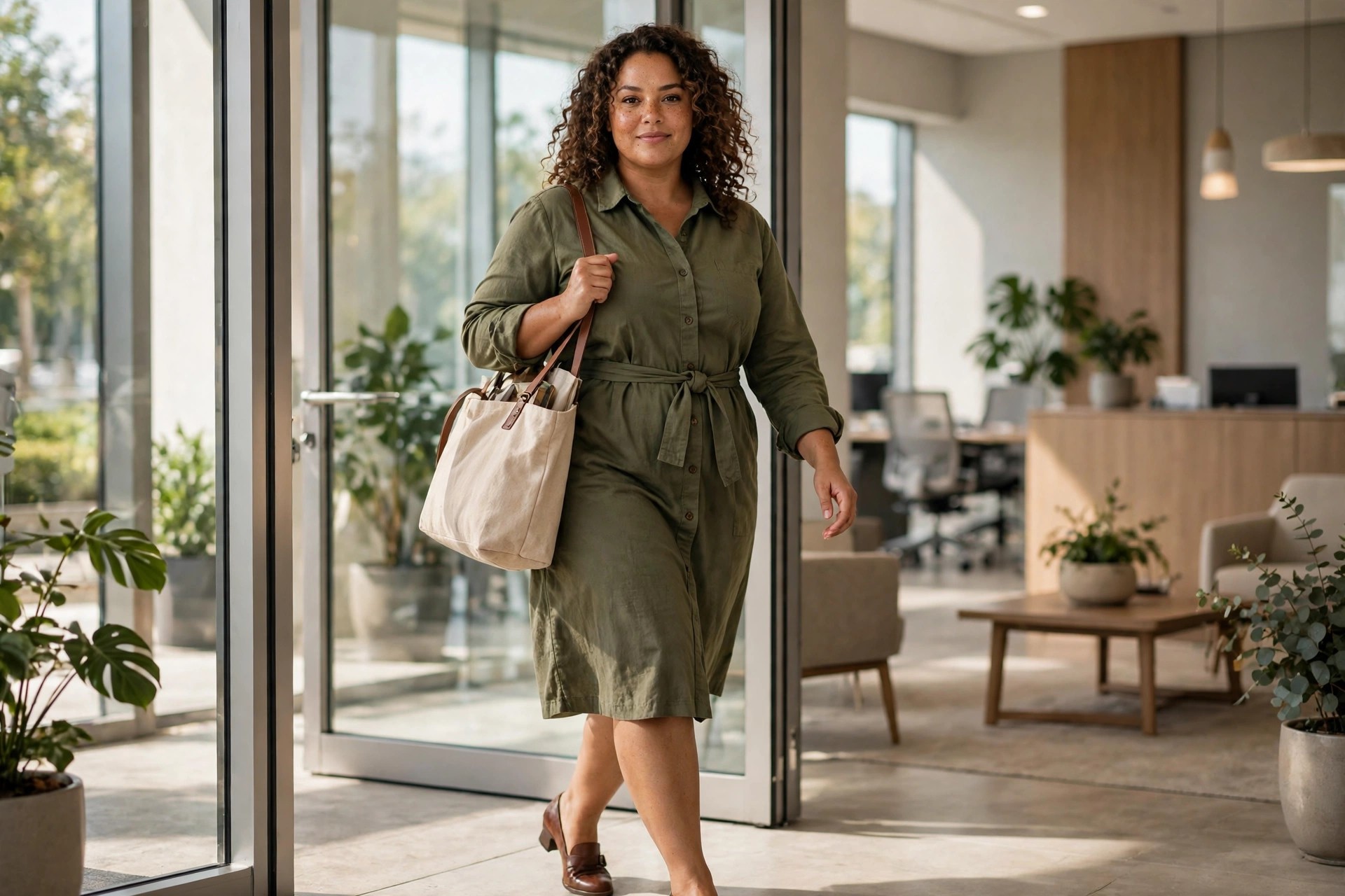 Plus-size woman in an olive belted shirt dress with long sleeves carrying a tote bag into an office