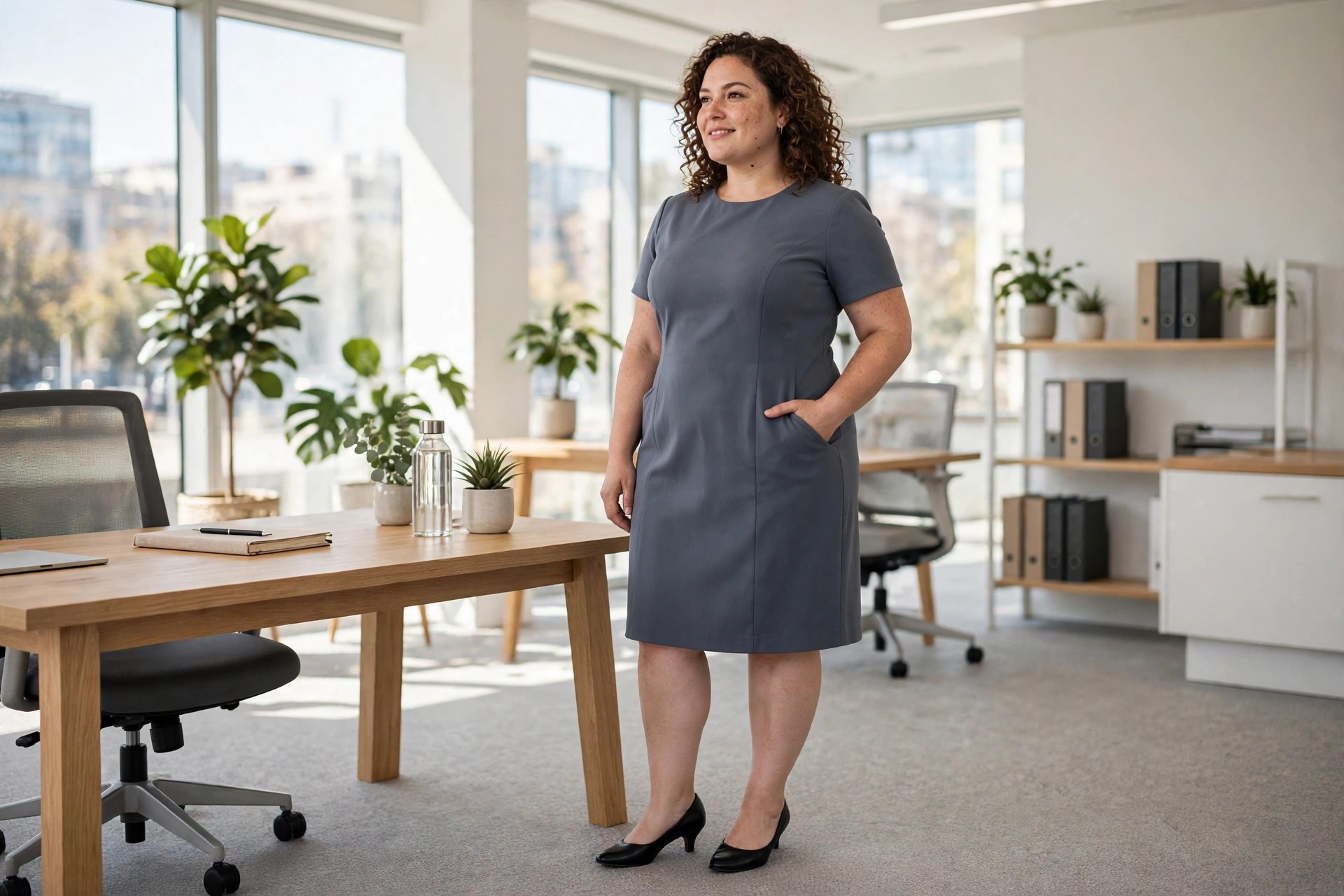 Plus-size woman in a slate grey crepe dress with short sleeves and side pockets, one hand in a pocket, in an office