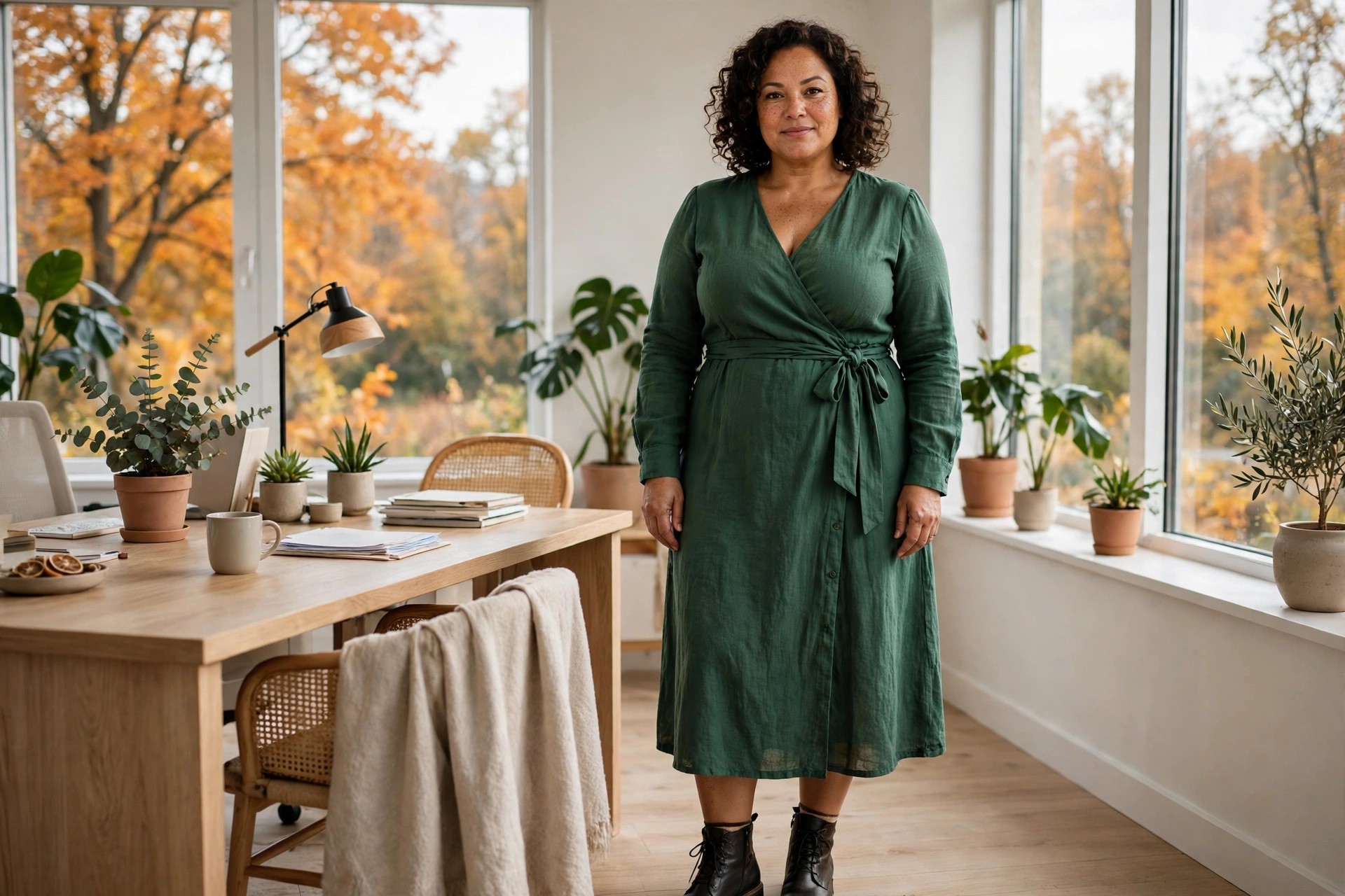 Plus-size woman in a forest green midi wrap dress with long sleeves and dark ankle boots in an autumn office