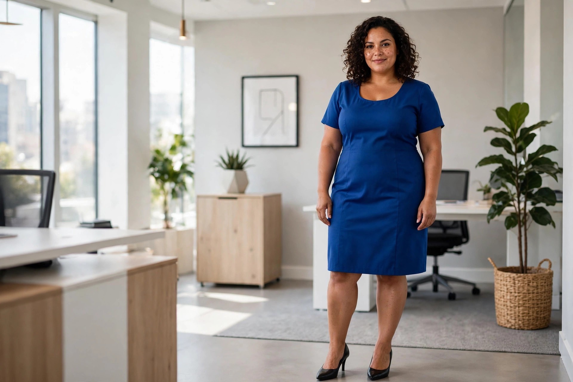 Plus-size woman in a cobalt blue sheath dress with a scoop neckline and short sleeves in an office