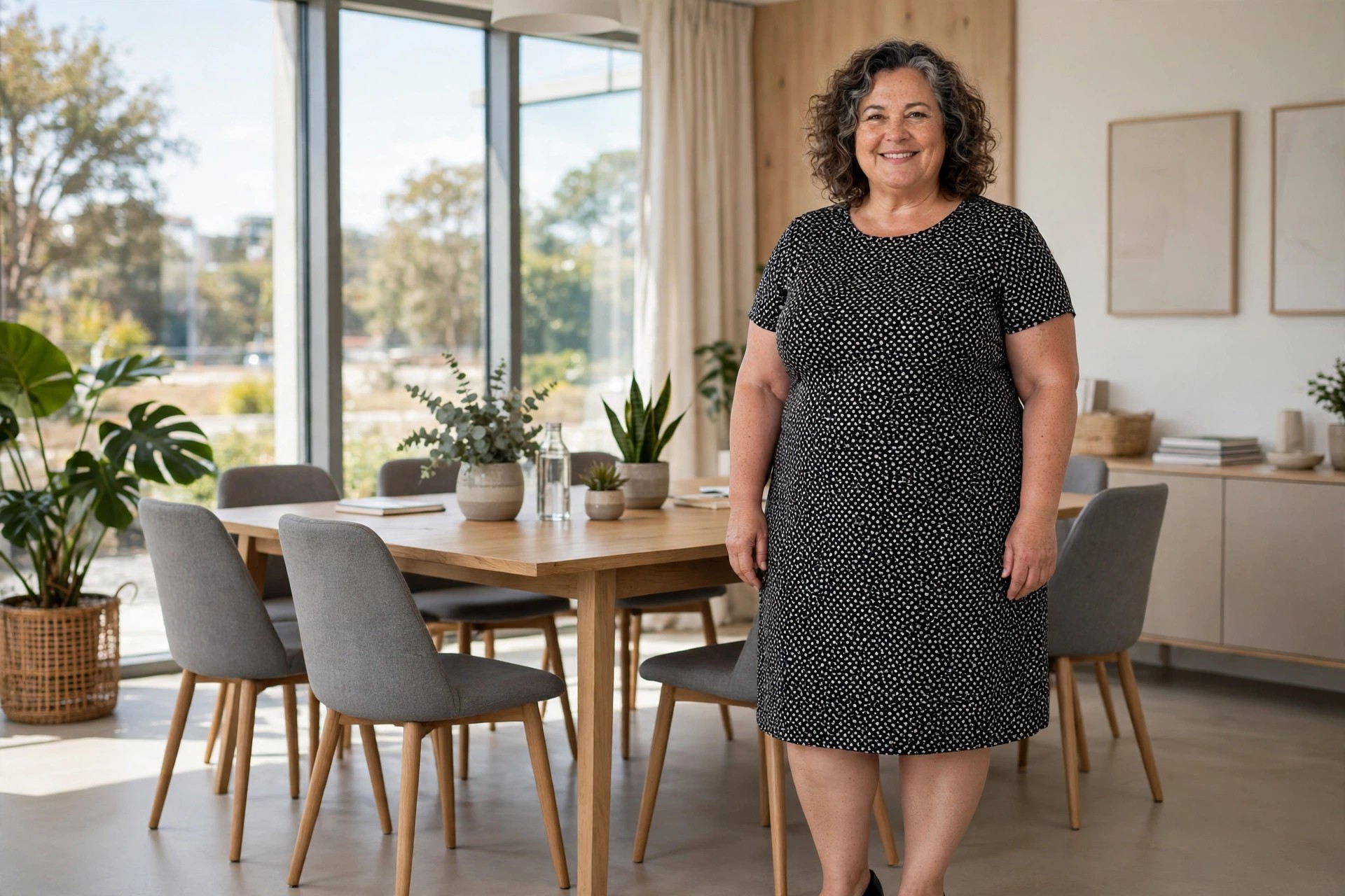 Plus-size woman in a black and white small-print shift dress with short sleeves in a meeting room