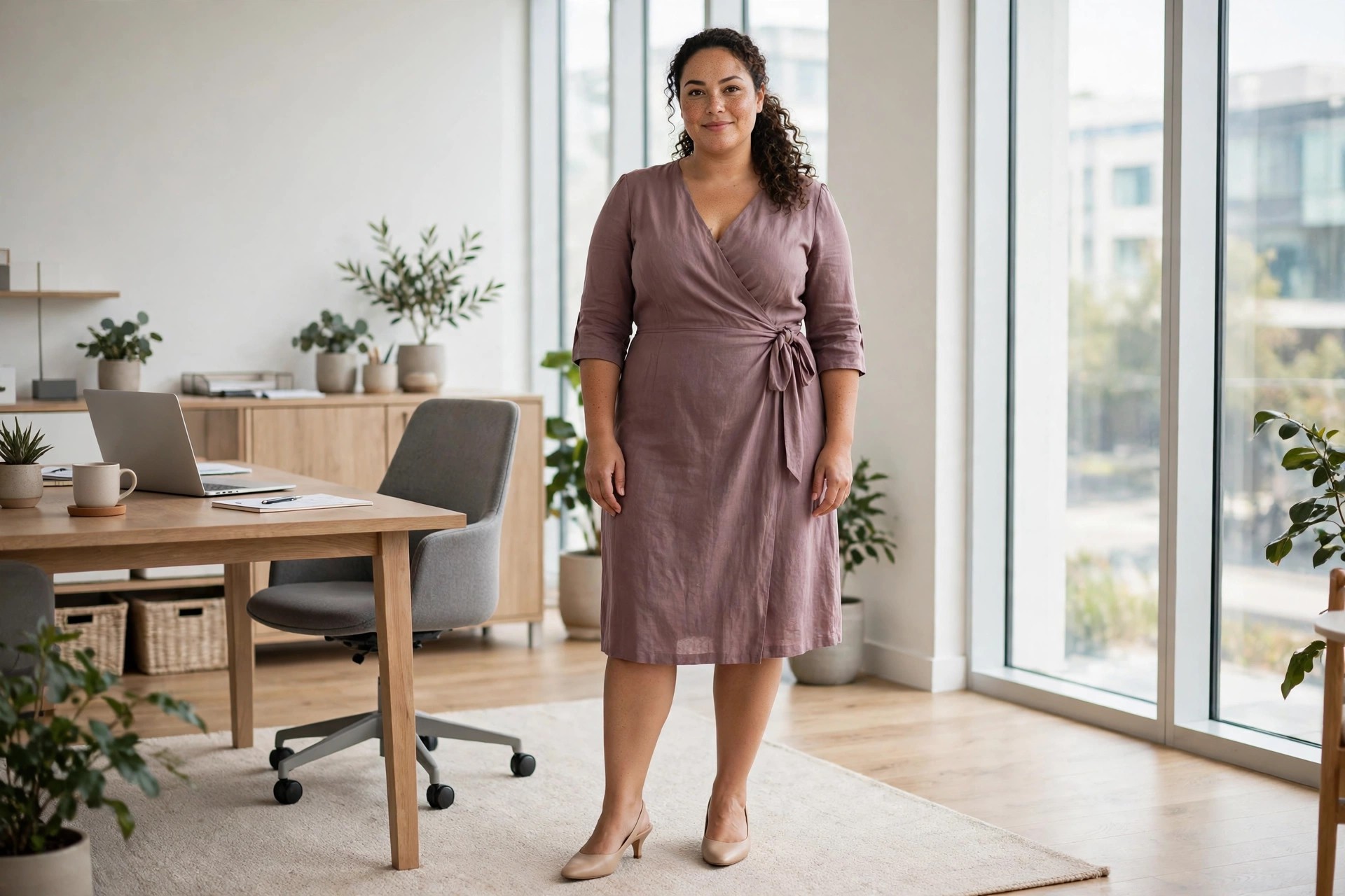 Plus-size woman in a muted mauve wrap dress with elbow sleeves standing near an office window