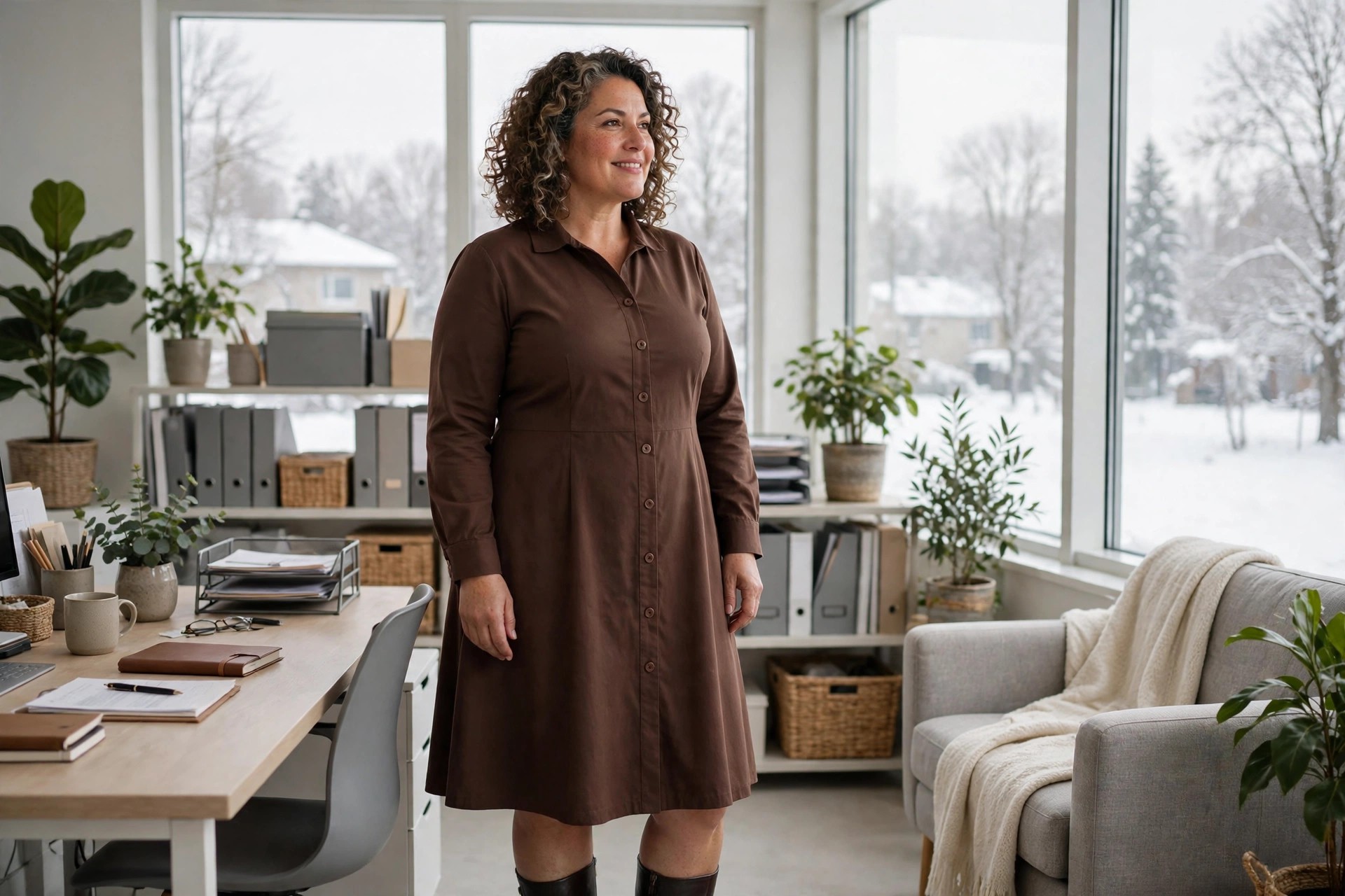 Plus-size woman in a chocolate brown A-line dress with long sleeves and dark boots in a winter office