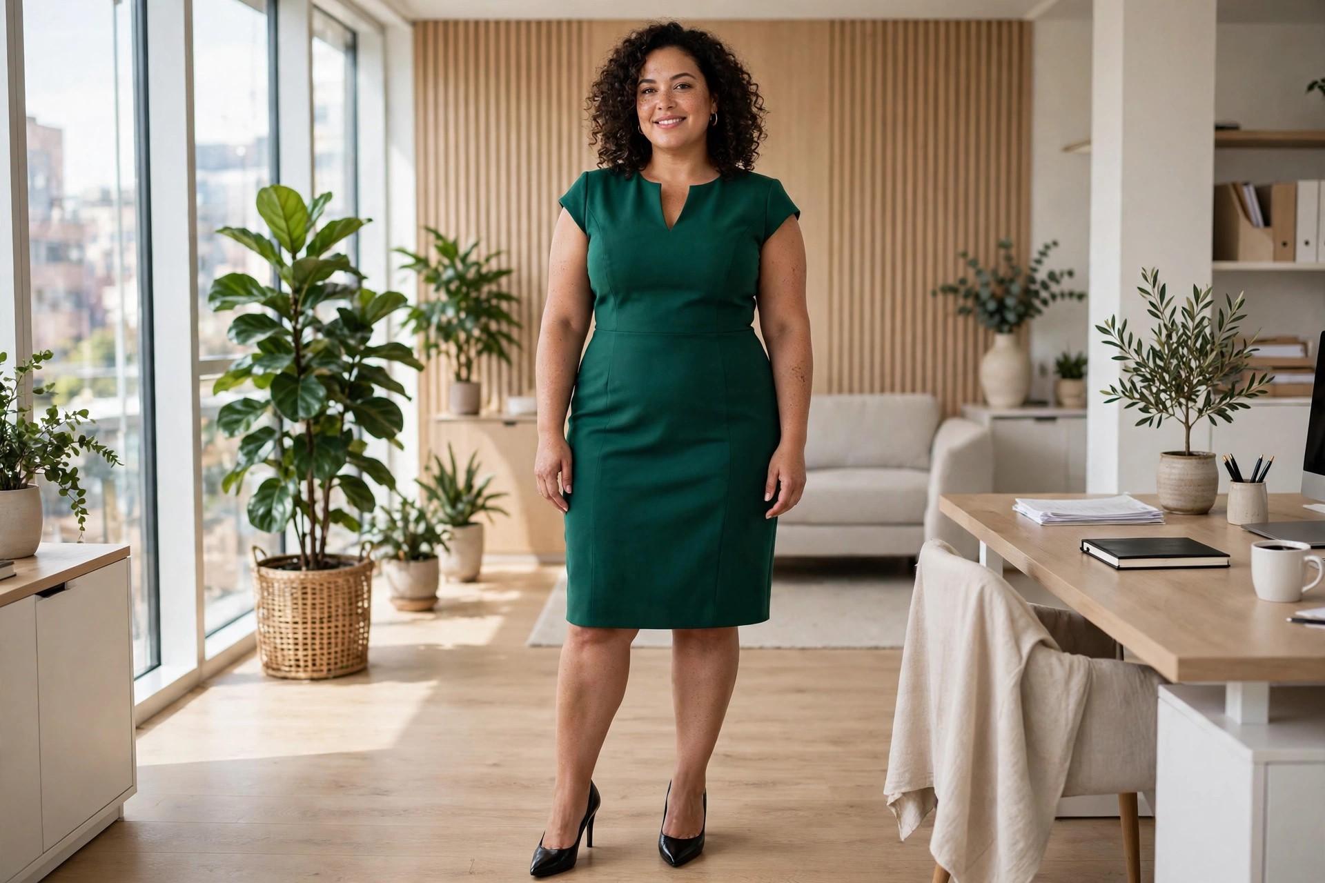 Plus-size woman in an emerald green sheath dress with cap sleeves and a modest V neckline in an office