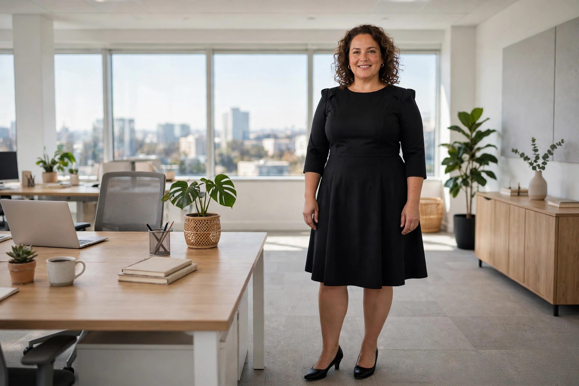 Plus-size woman in a black fit-and-flare dress with three-quarter sleeves and structured shoulders in an office
