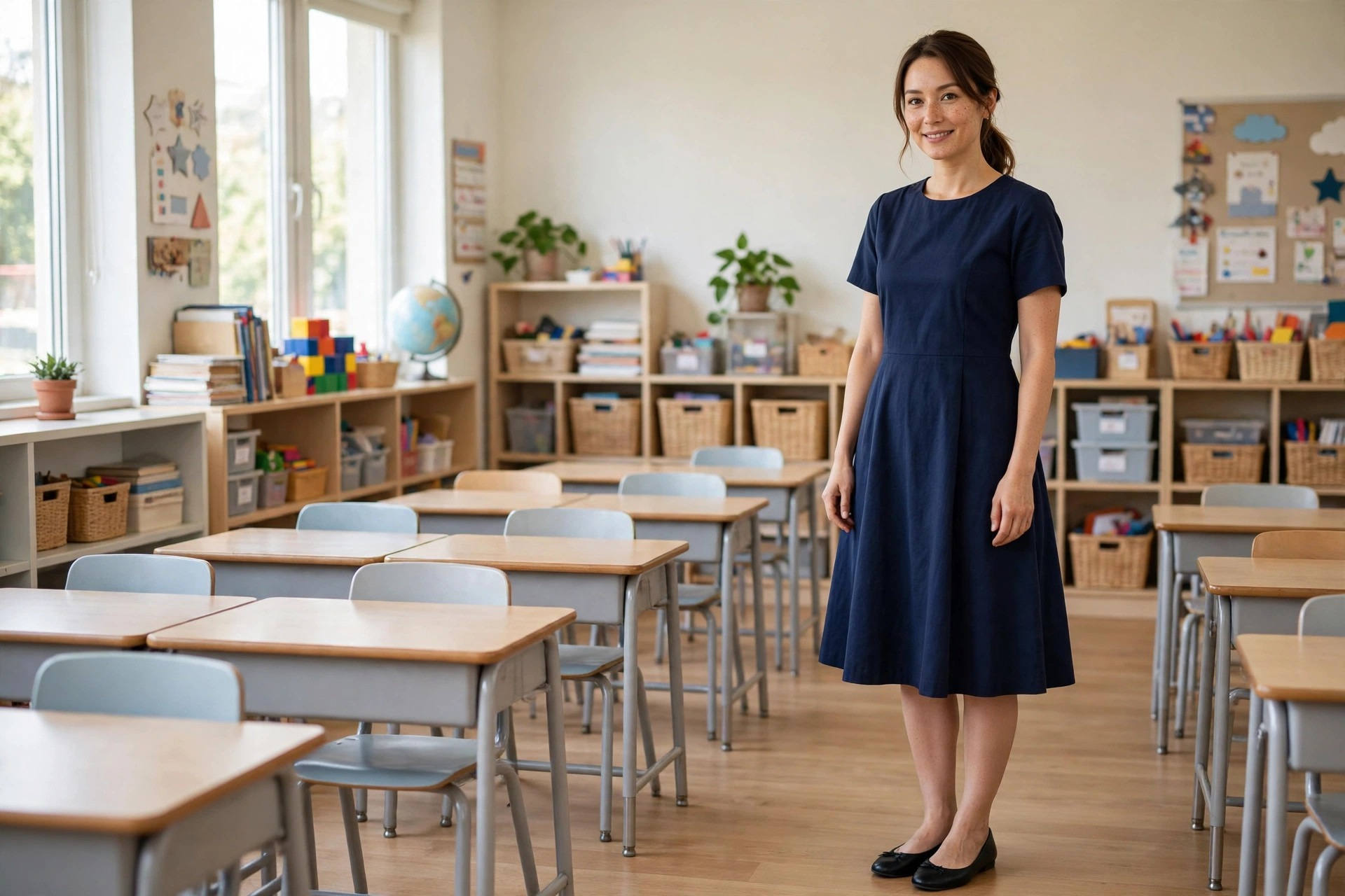 A teacher in a navy A-line dress with black ballet flats standing in a bright classroom