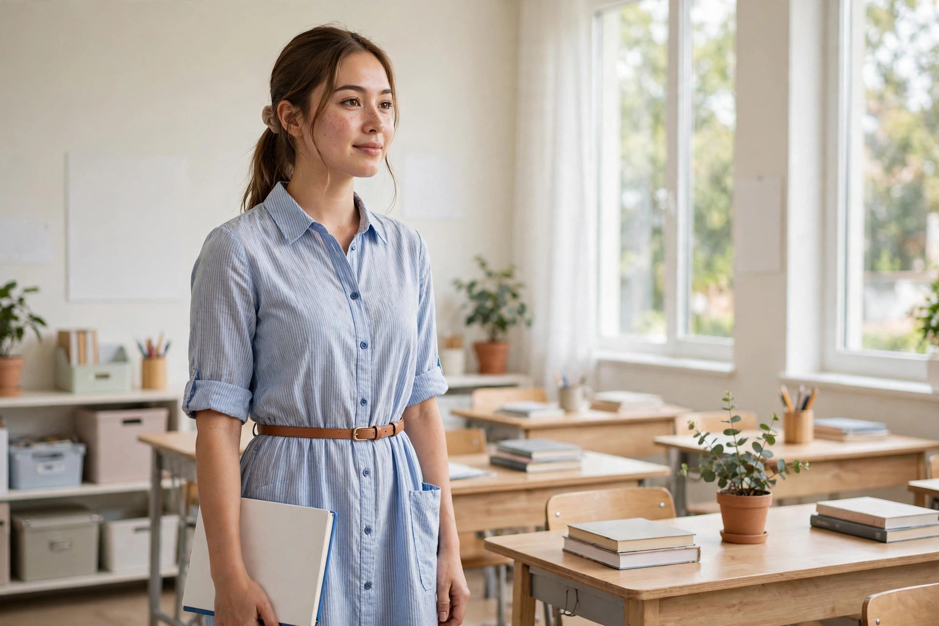 A teacher in a light blue striped shirt dress with a belt holding a notebook in a classroom