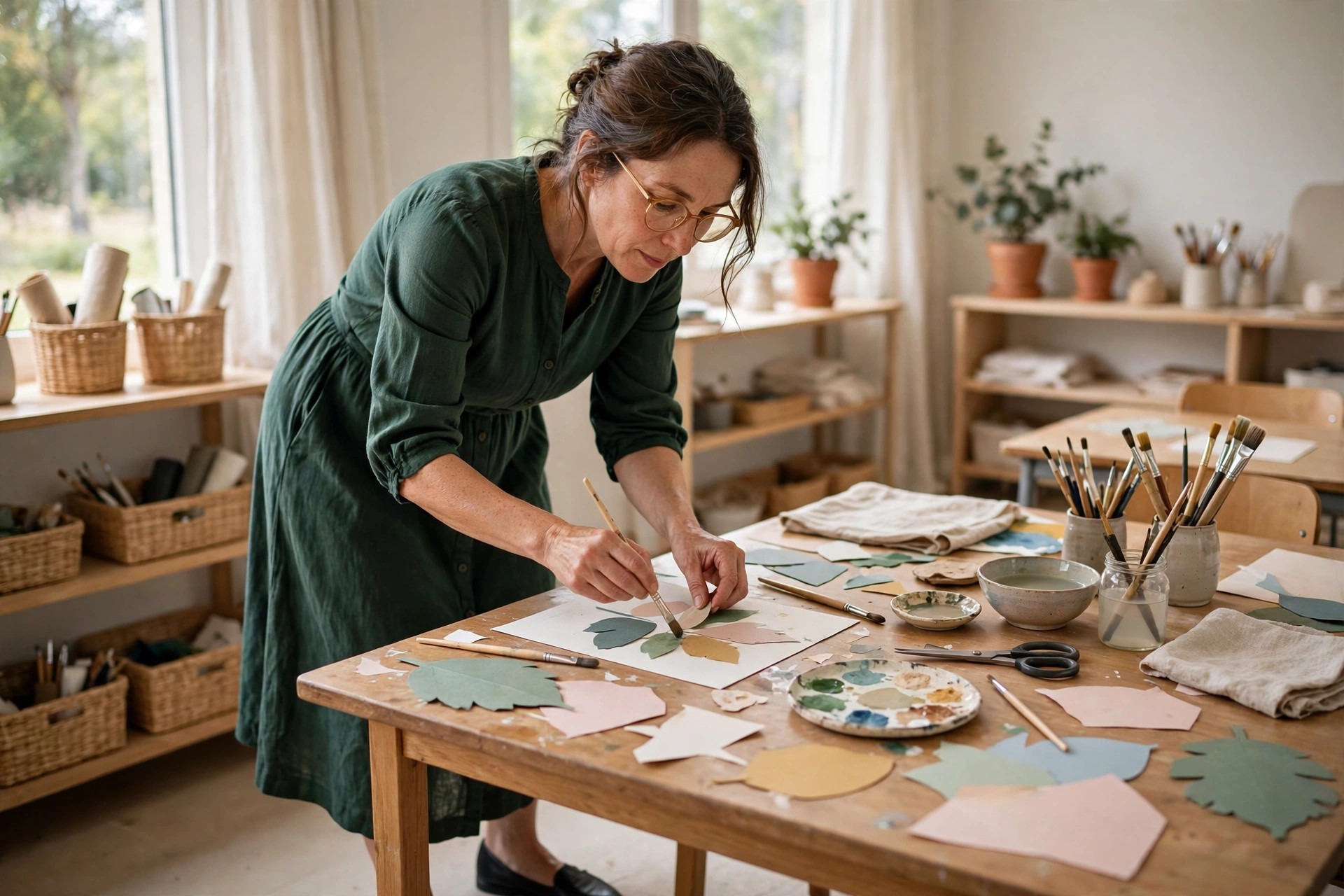 A teacher in a dark green elbow-sleeve midi dress working on art at a classroom table