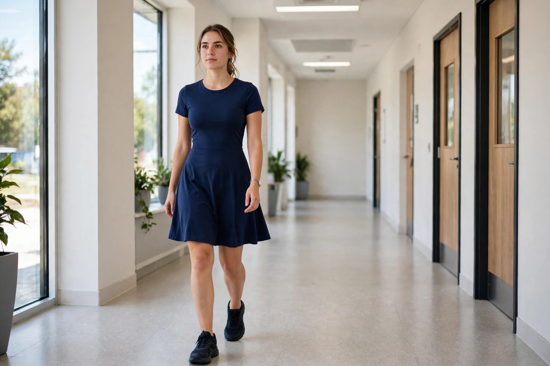 A teacher in a navy stretch jersey fit-and-flare dress with dark sneakers walking in a school hallway