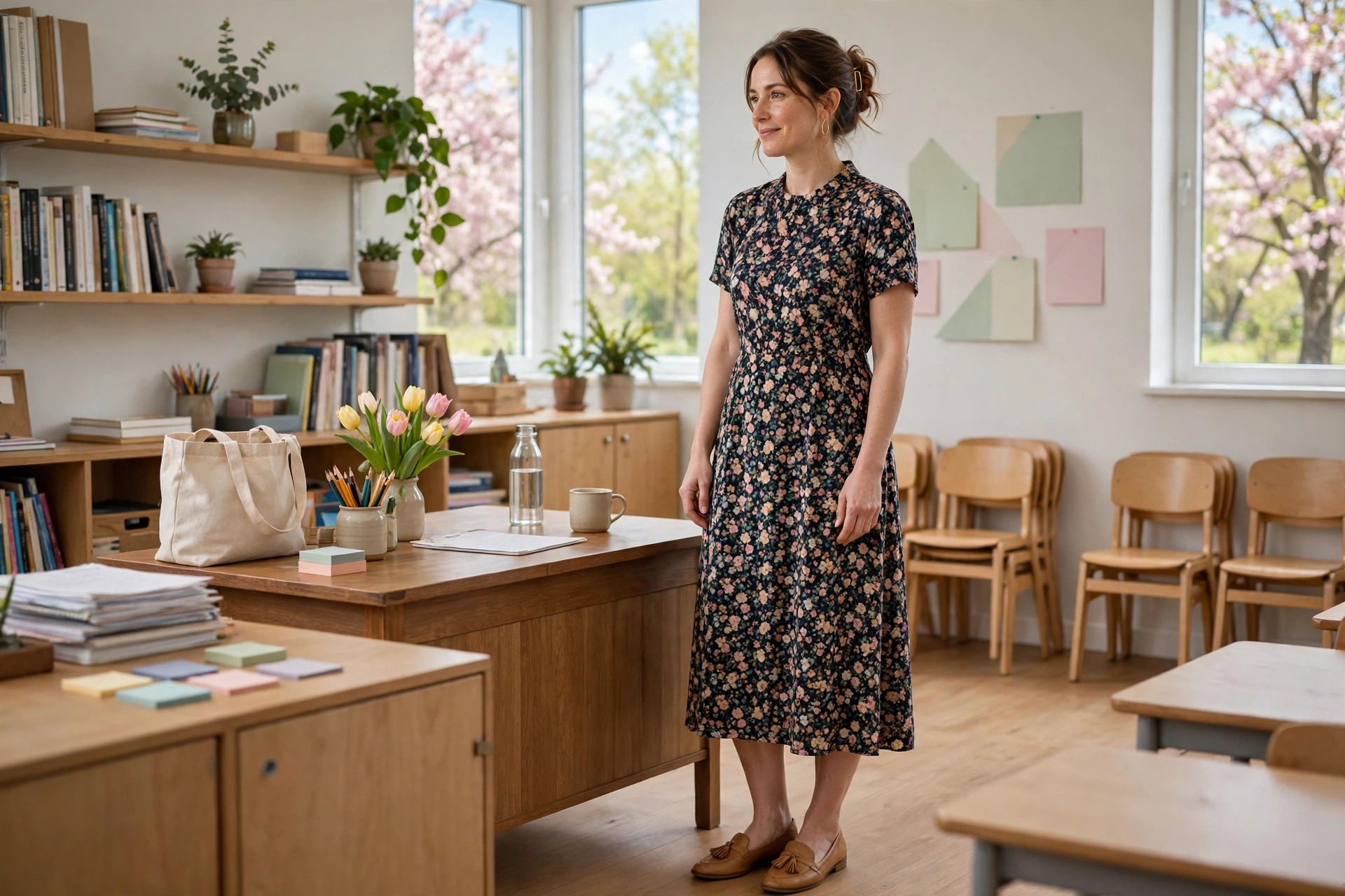 A teacher in a small floral print midi dress on a dark base standing in a spring classroom