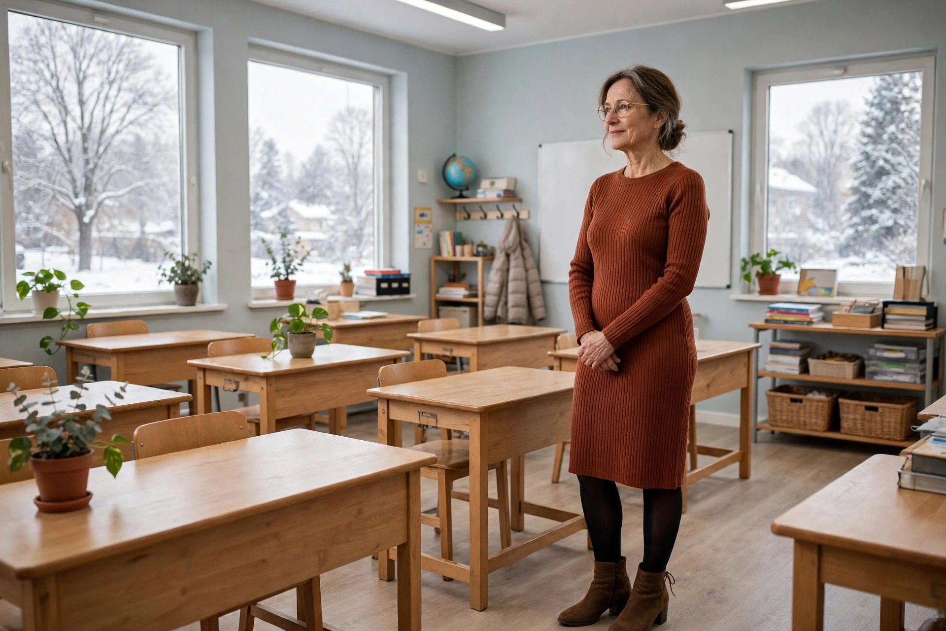 A teacher in a rust ribbed long-sleeve knit dress with tights and ankle boots in a winter classroom