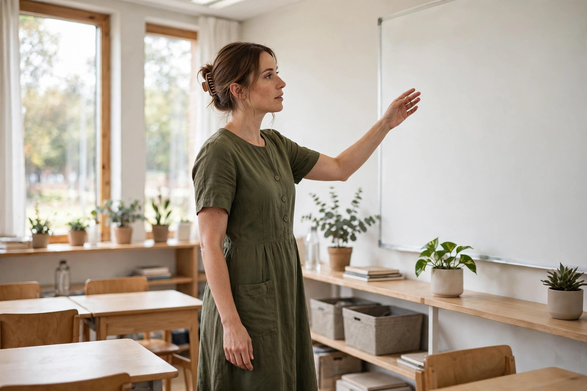 A teacher in an olive pocket midi dress teaching at a whiteboard in a classroom