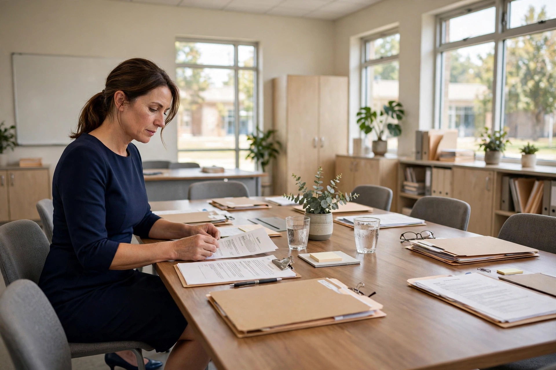 A teacher in a navy sheath dress with three-quarter sleeves reviewing files at a meeting table