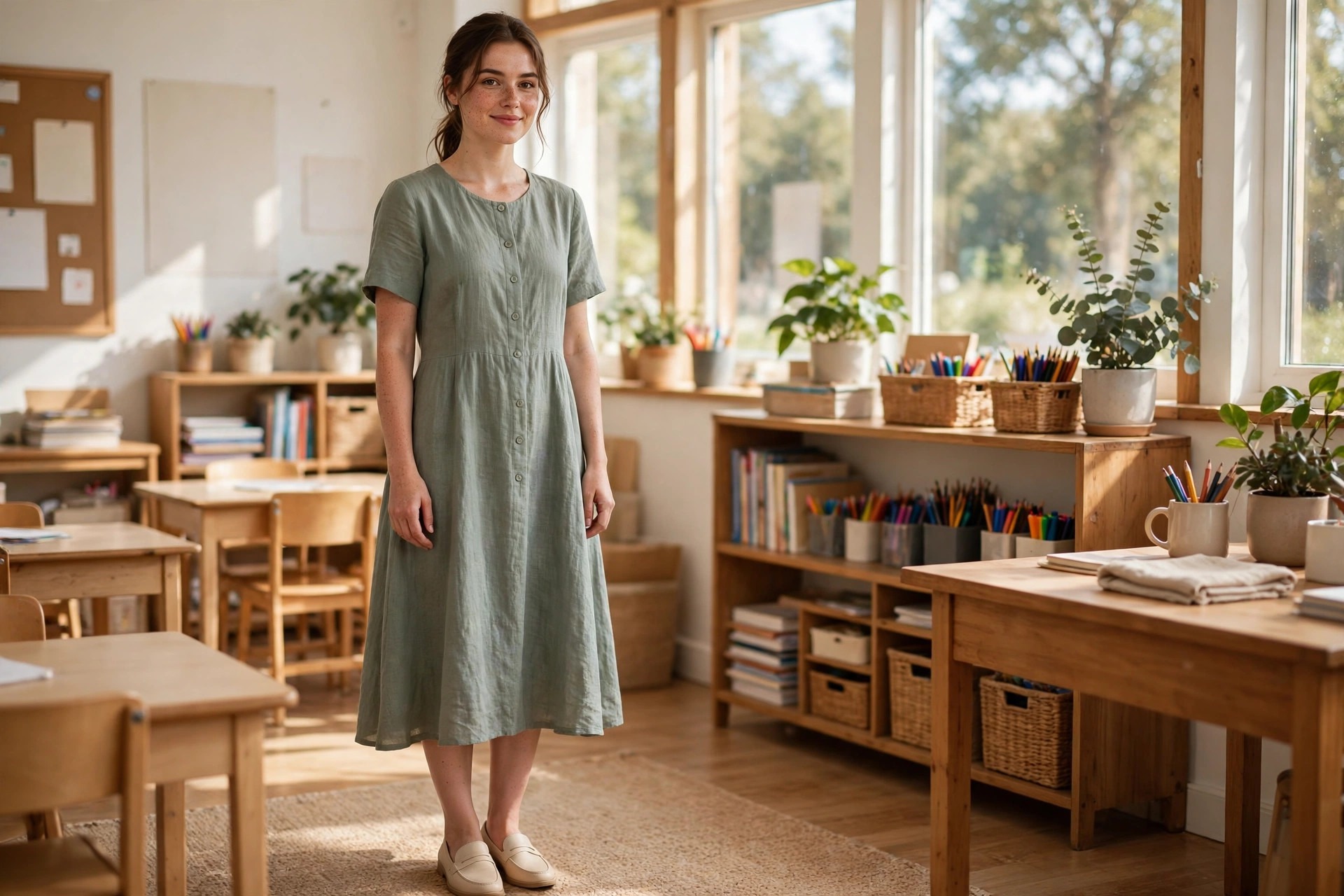 A teacher in a sage linen blend A-line dress standing in a bright warm classroom