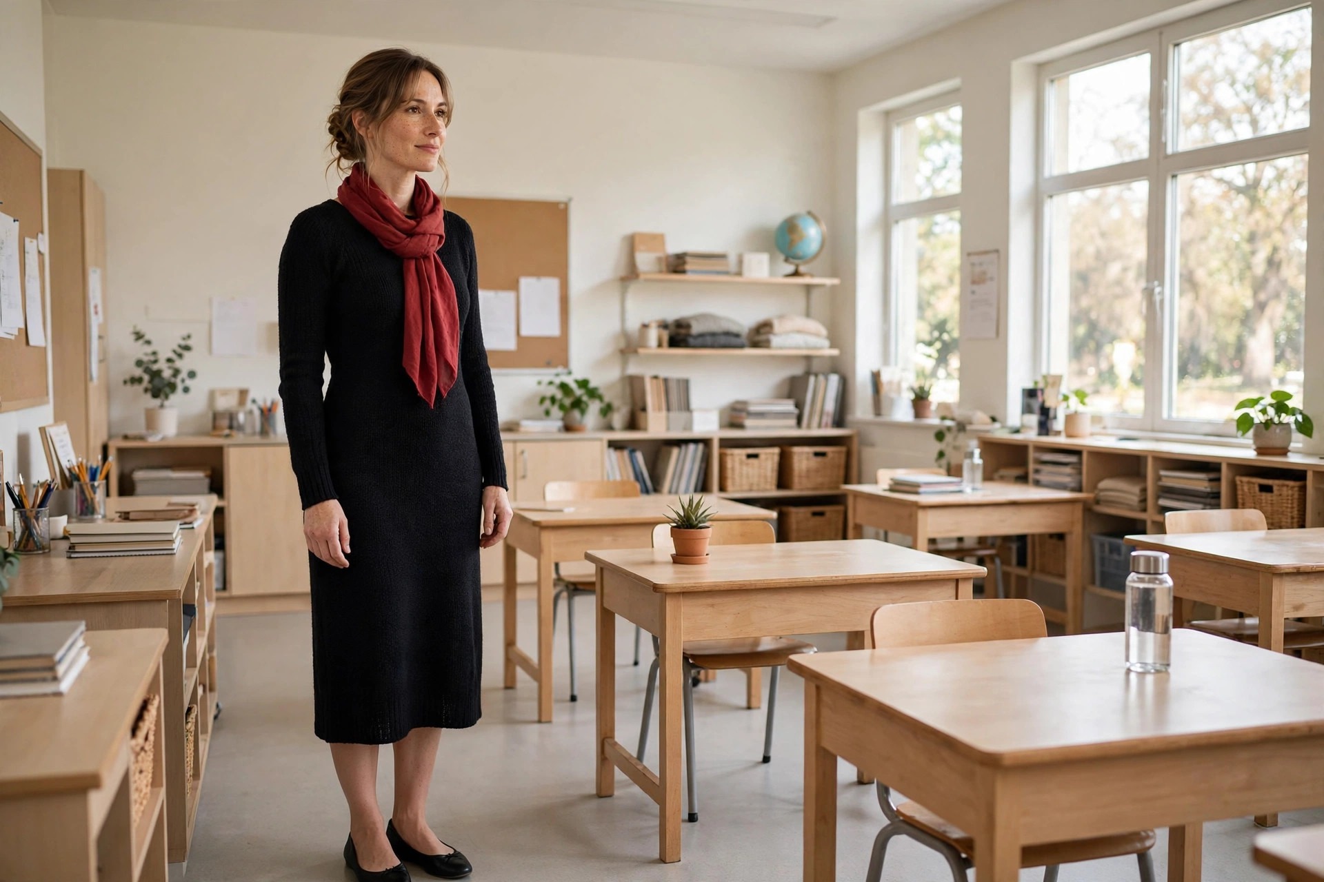 A teacher in a black midi knit dress with a red scarf and black flats in a classroom
