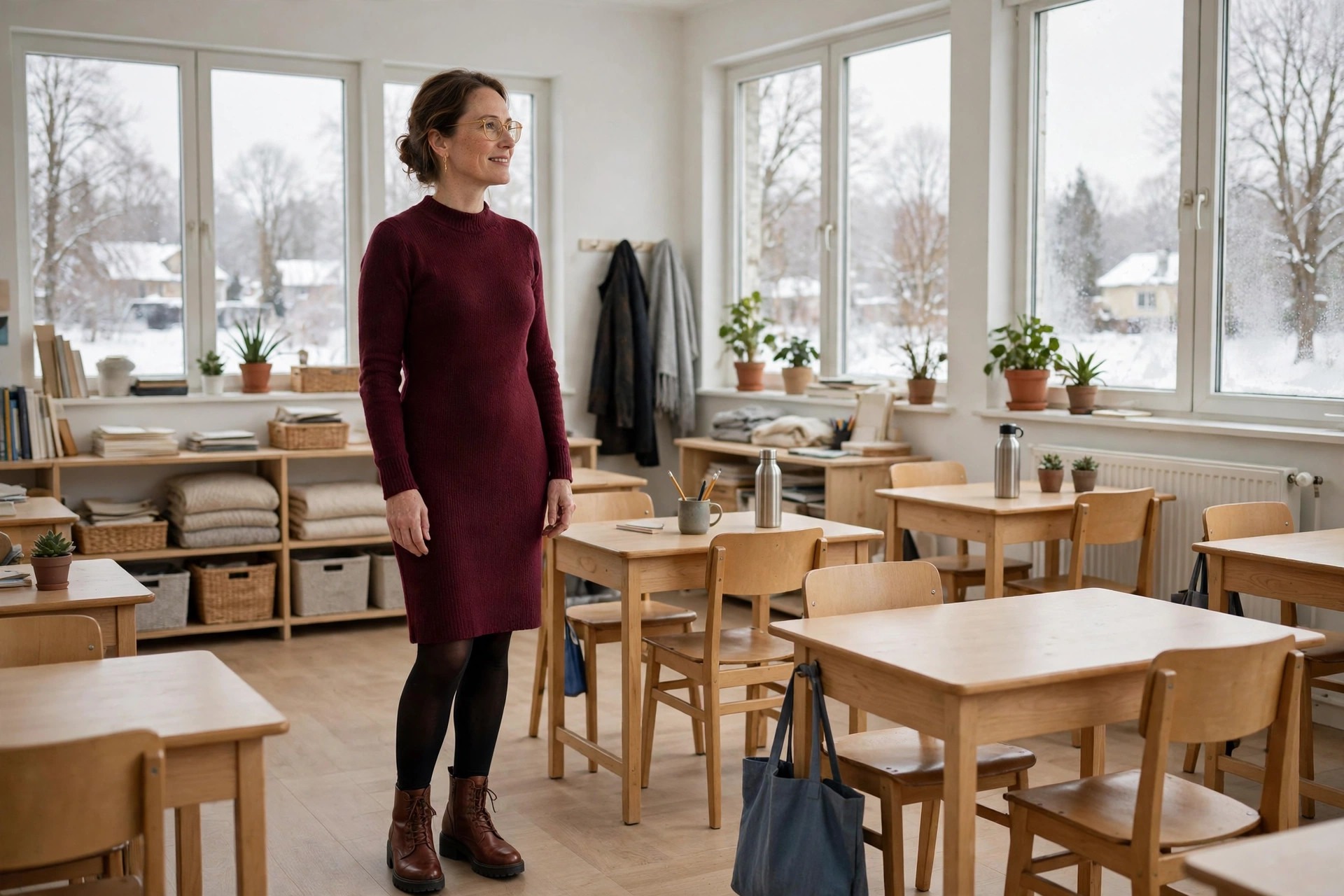 A teacher in a burgundy fine knit sweater dress with tights and ankle boots in a winter classroom