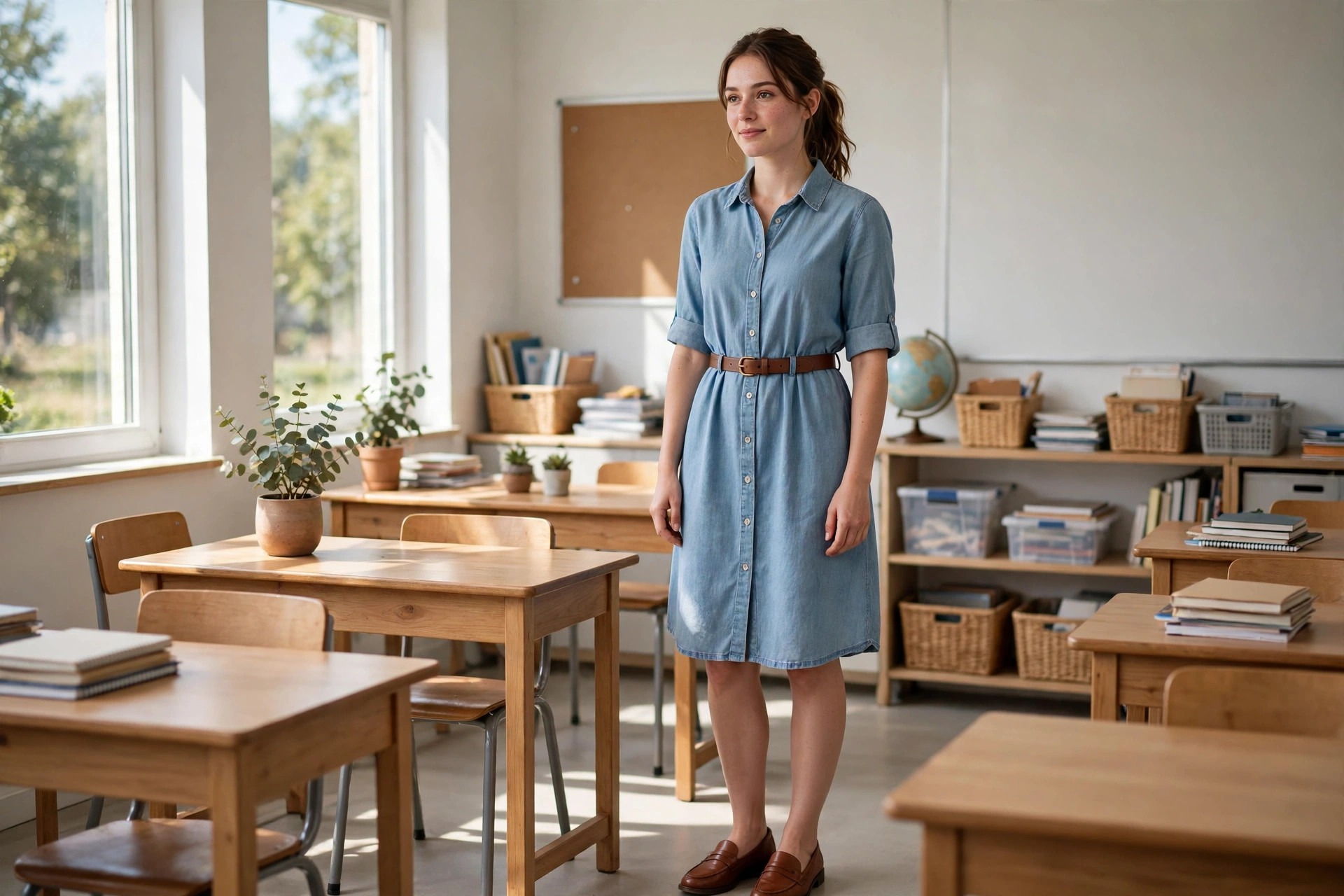 A teacher in a light blue chambray shirt dress with a belt and brown loafers in a classroom