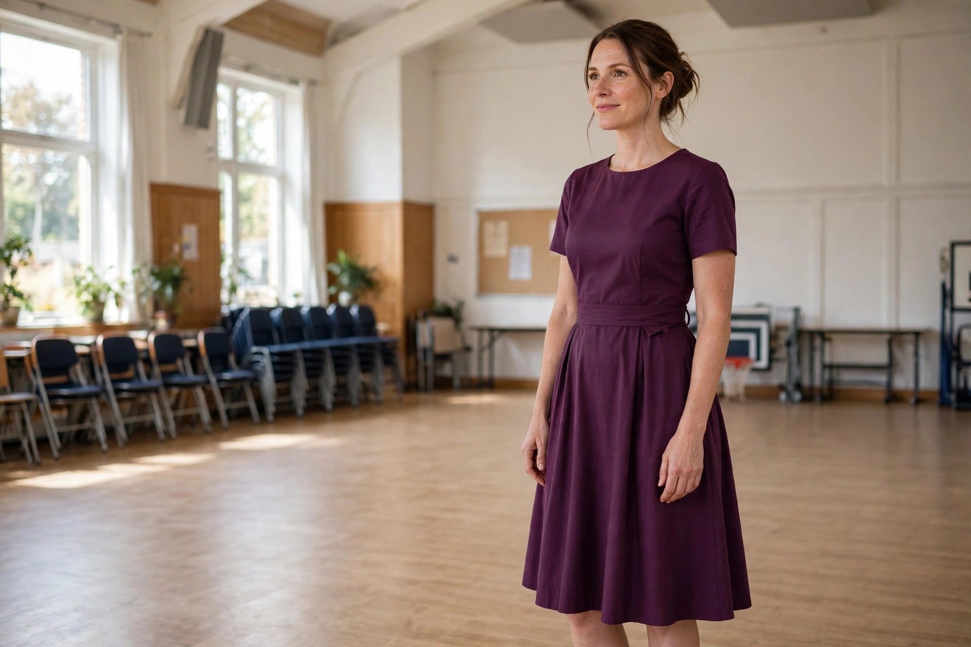 A teacher in a plum fit-and-flare dress with a defined waist standing in a school assembly hall