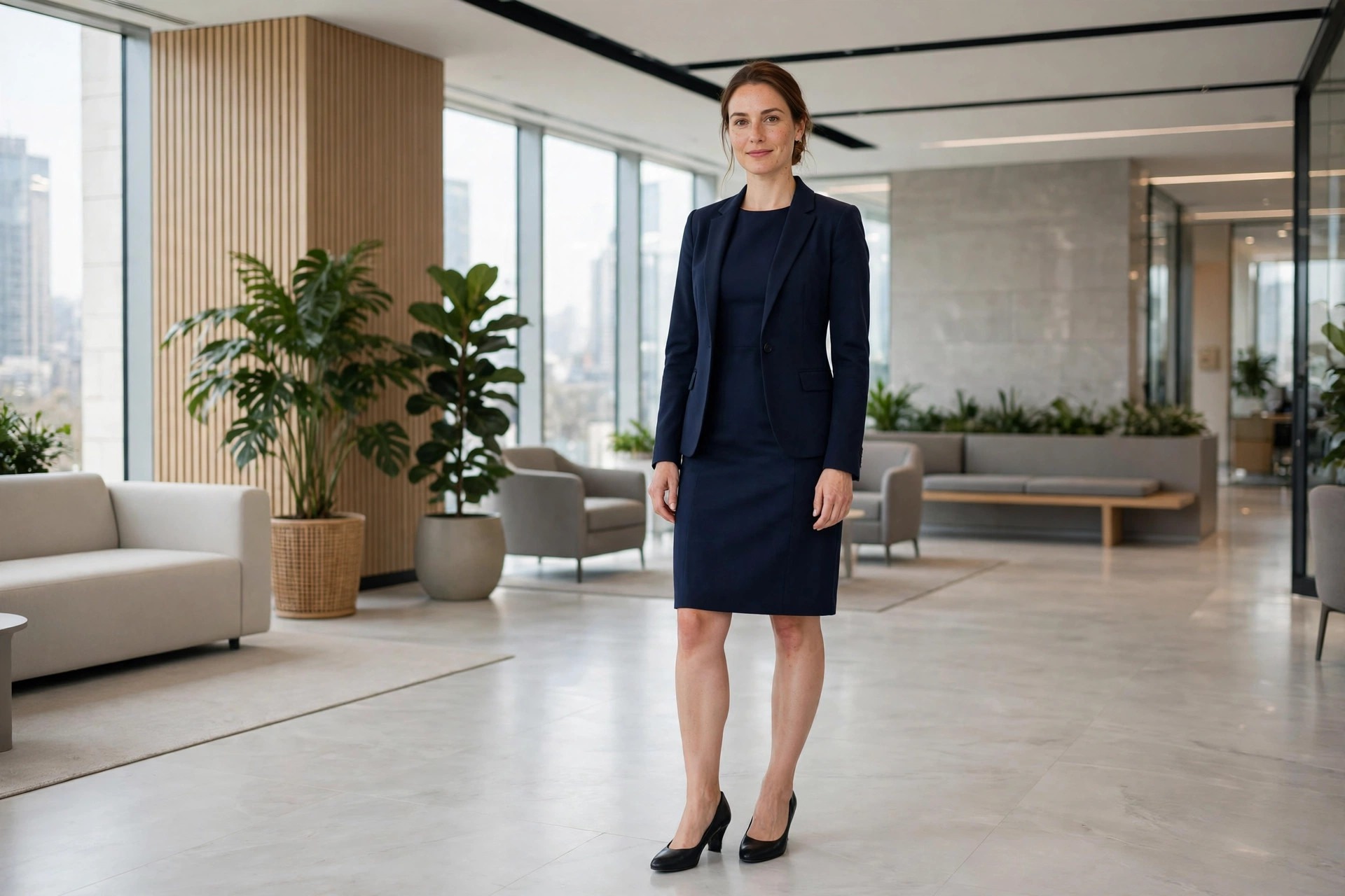 Woman wearing a navy sheath dress with a navy blazer and black pumps in a modern office lobby