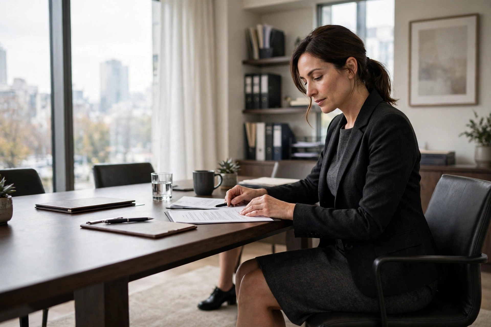 Woman wearing a charcoal pencil dress with a black blazer seated at a boardroom table reviewing papers