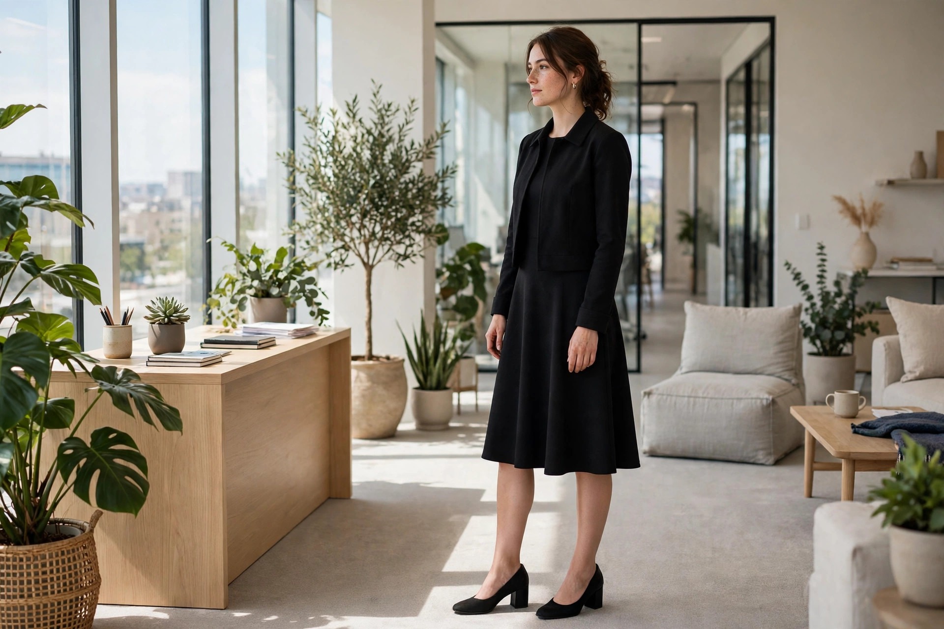 Woman wearing a black A-line midi dress with a cropped black jacket and black block heels in a bright office