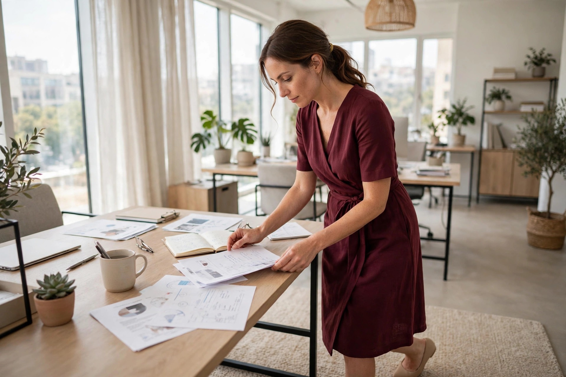 Woman wearing a burgundy wrap dress with nude flats at a desk in a bright creative office