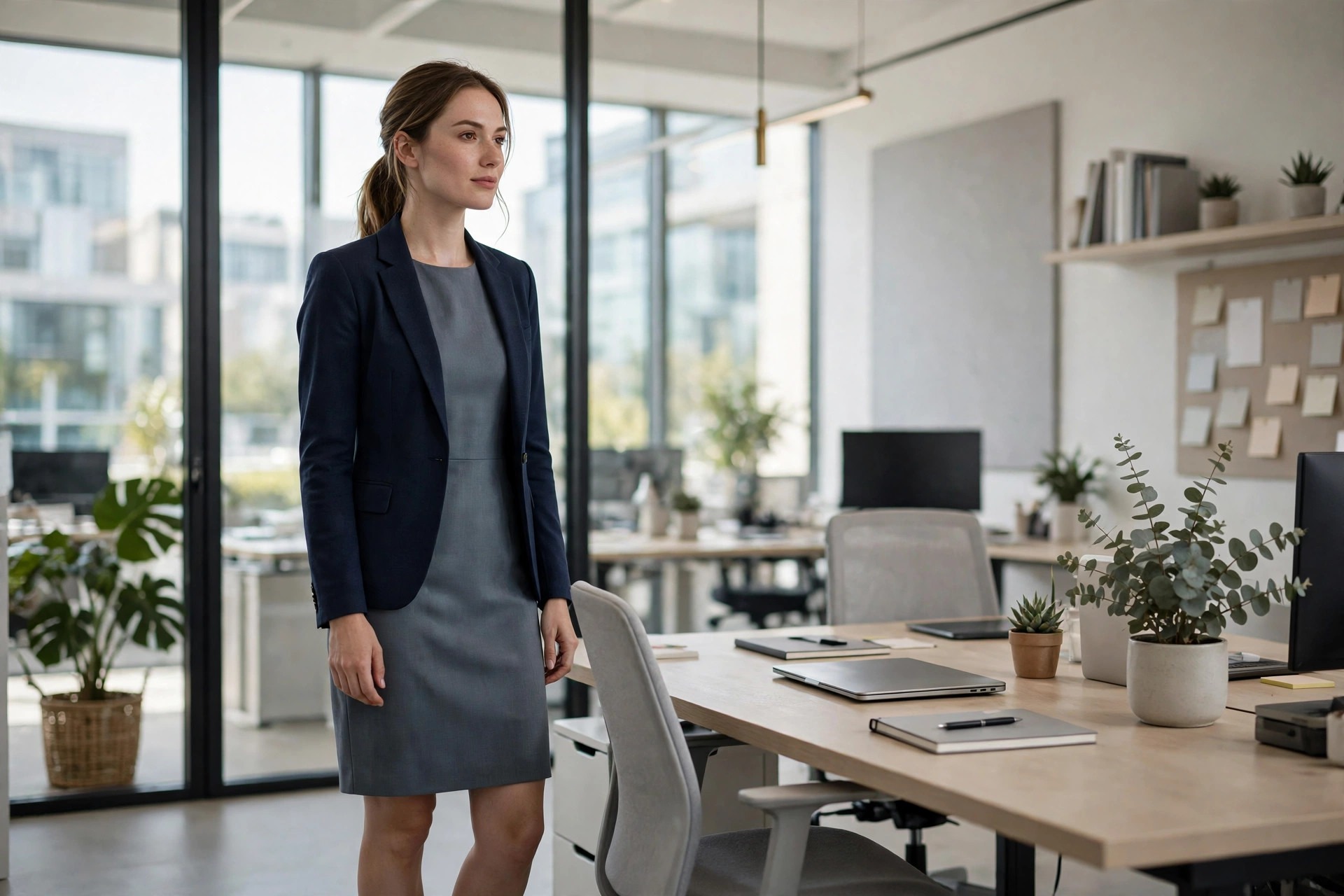 Woman wearing a slate grey shift dress with a navy blazer in a modern tech office