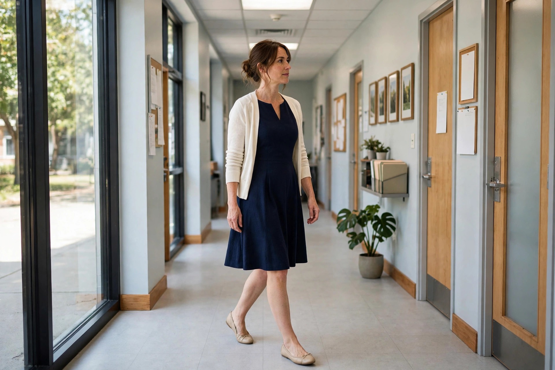 Woman wearing a navy fit-and-flare dress with a cream cardigan and nude ballet flats in a school corridor
