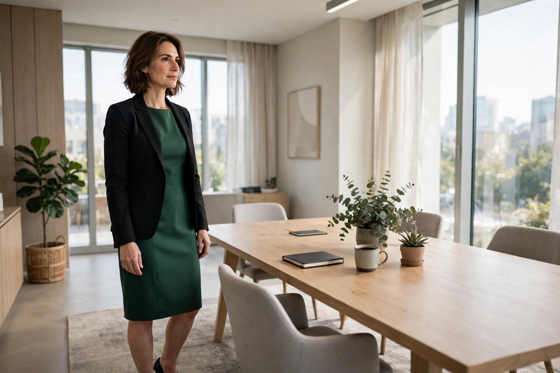 Woman wearing a forest green sheath dress with a black blazer in a meeting room