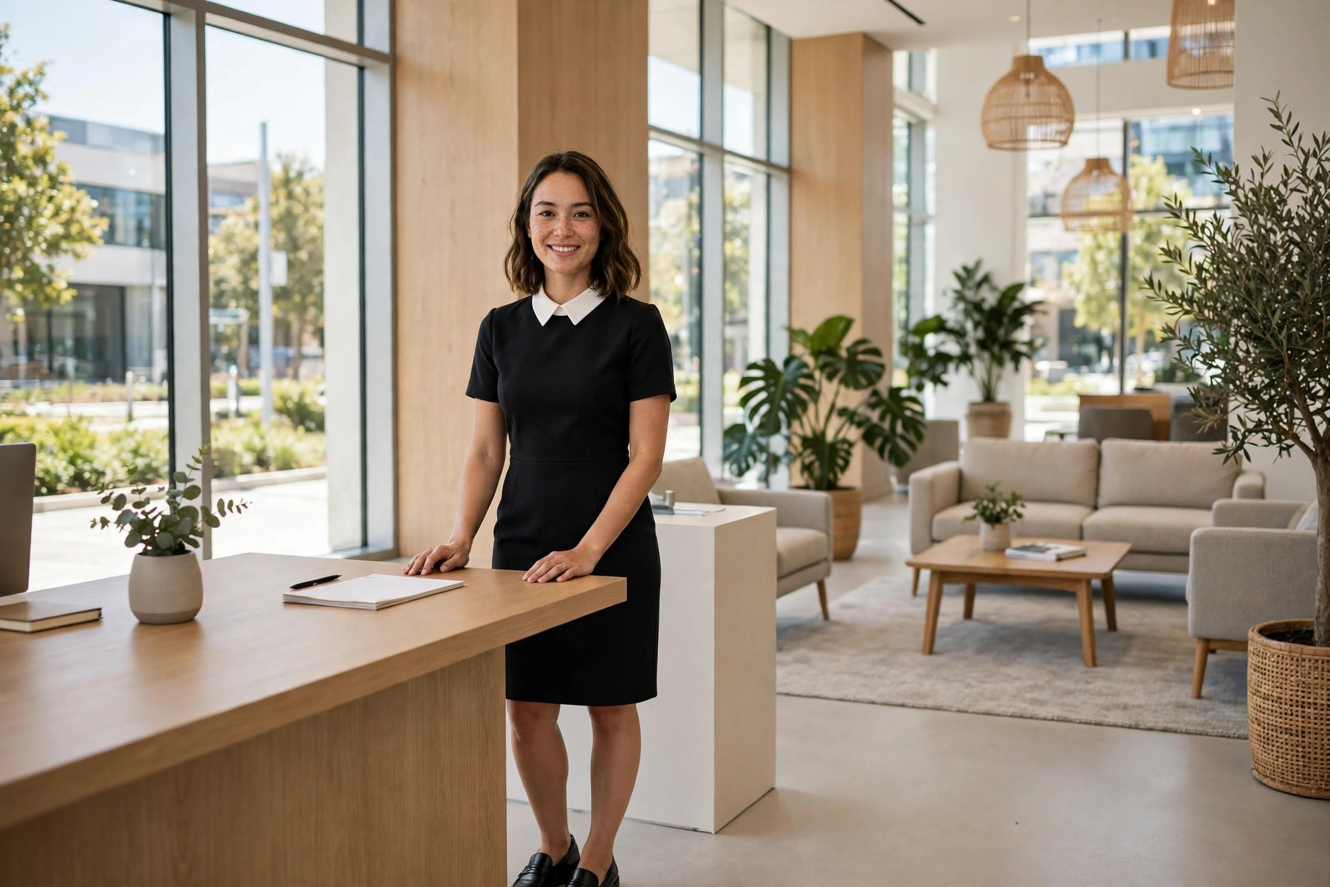 Woman wearing a black sheath dress with a white collar and black loafers at a reception desk