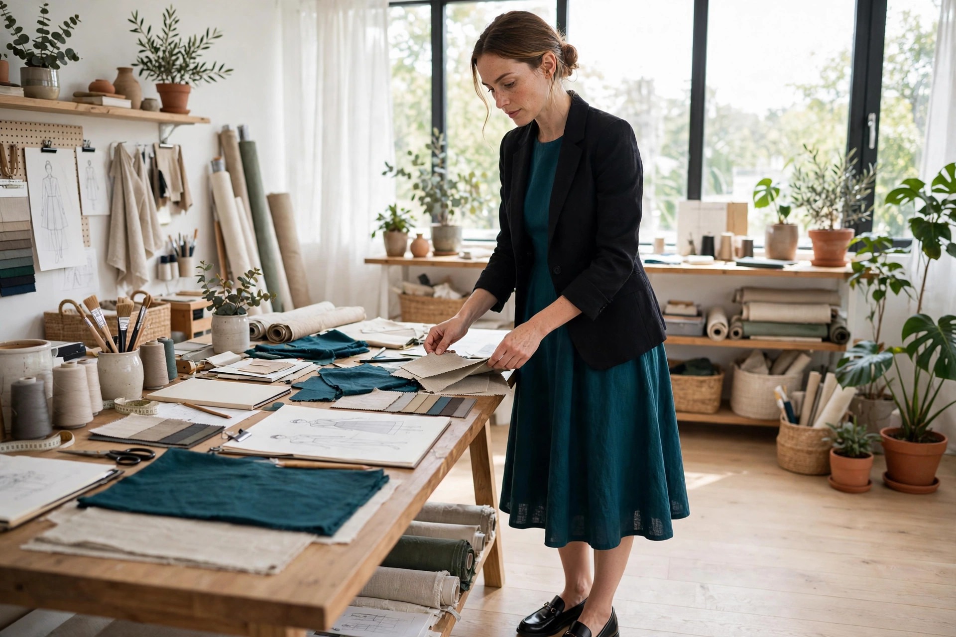 Woman wearing a deep teal A-line midi dress with a black blazer and black loafers in a design studio