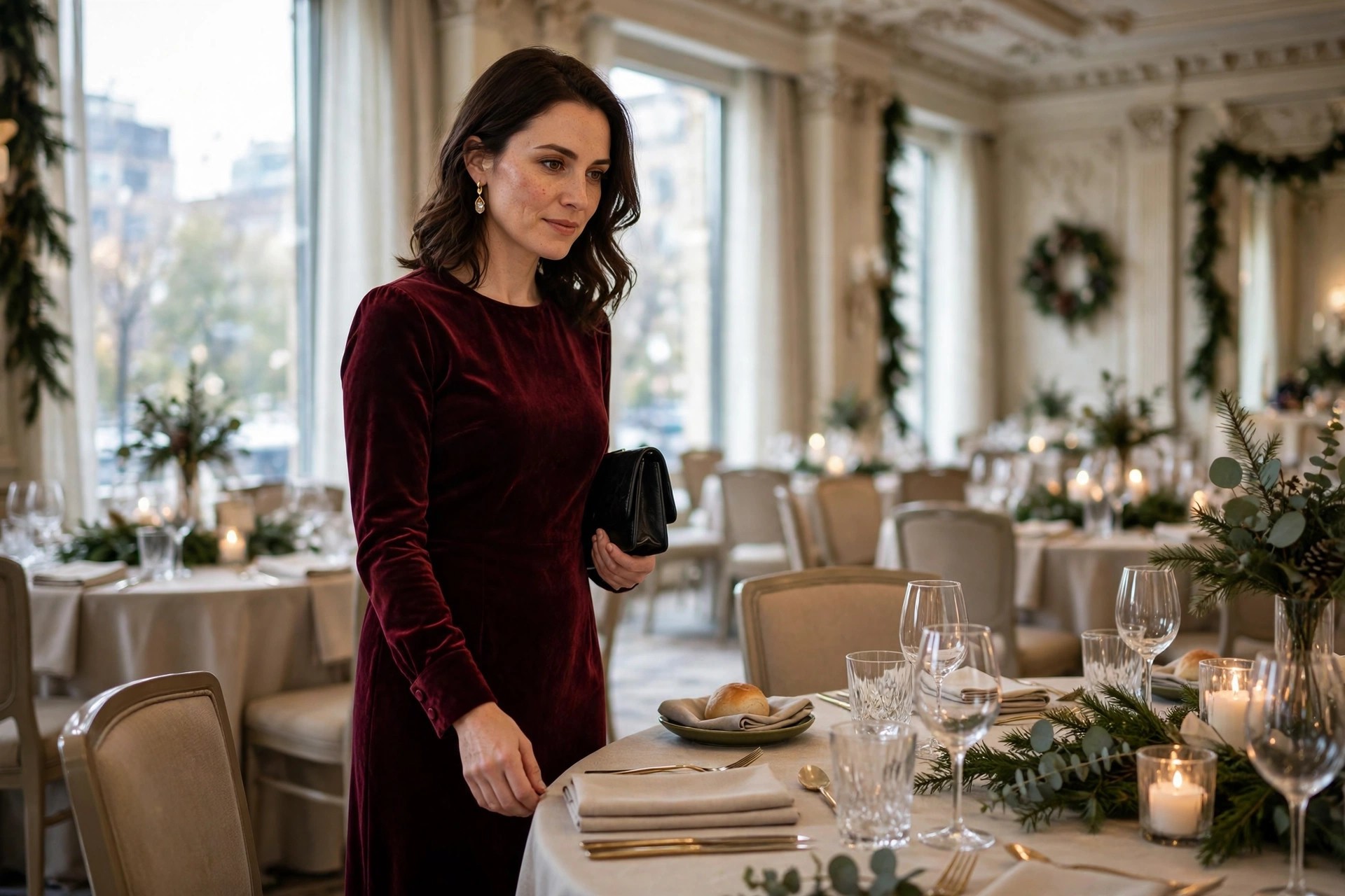 A woman in a long-sleeved burgundy velvet midi dress holding a black clutch beside a set dinner table