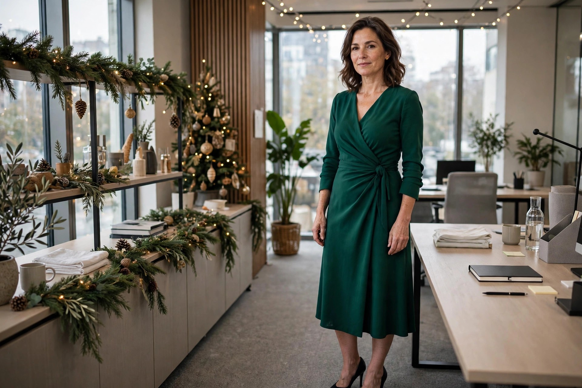 A woman in an emerald green wrap midi dress standing in an office decorated with a Christmas tree and garlands