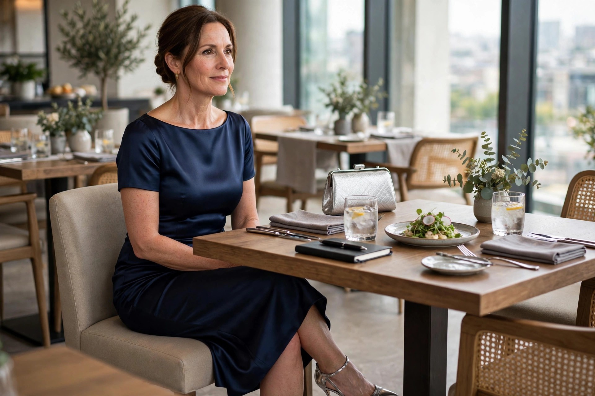 A woman in a navy satin sheath dress with a silver clutch seated at a restaurant dinner table