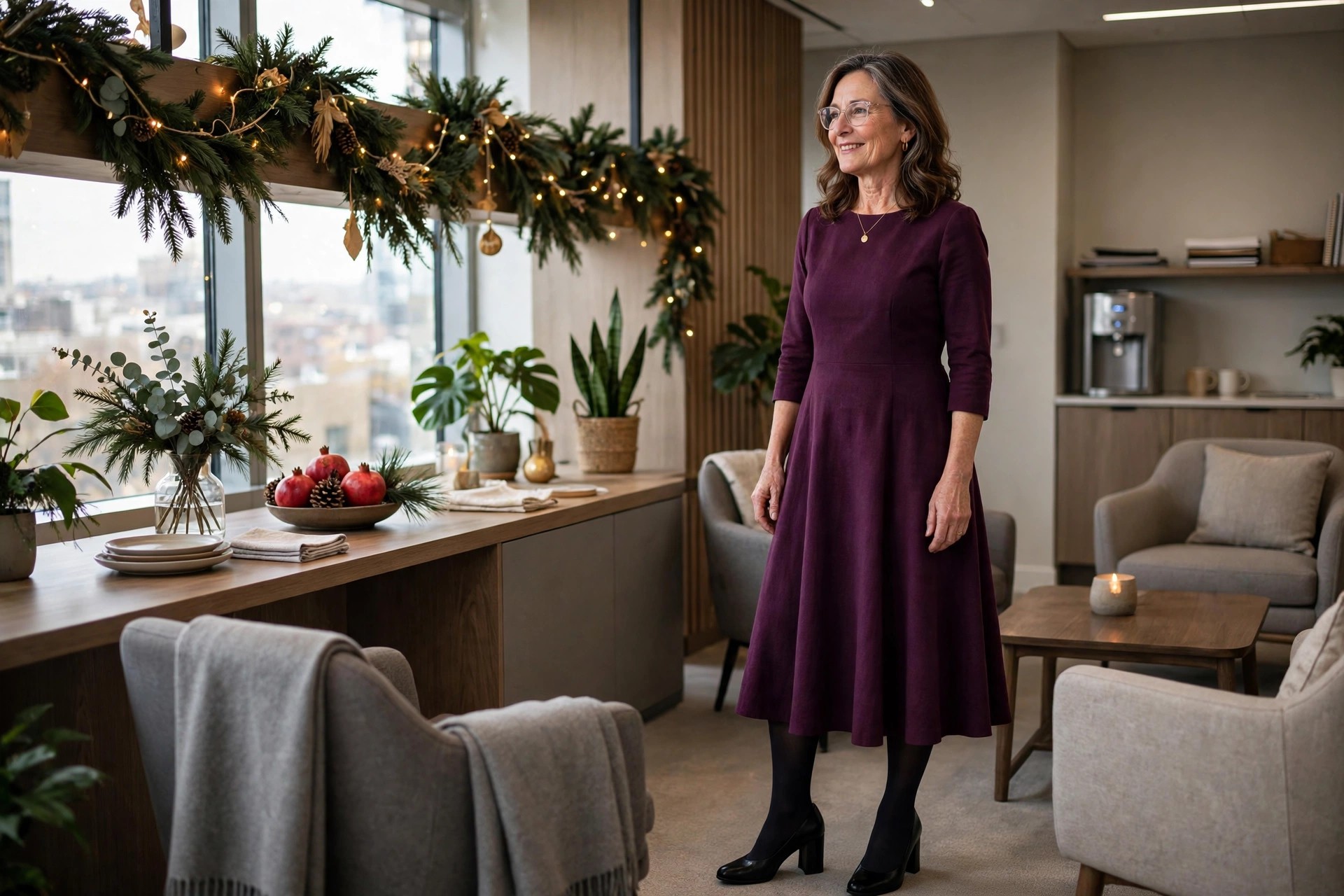A woman in a deep plum A-line dress with three-quarter sleeves and dark tights in a decorated office room