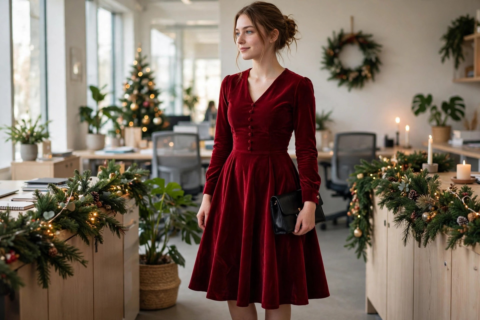 A woman in a deep red velvet fit-and-flare dress with a black clutch in a decorated office