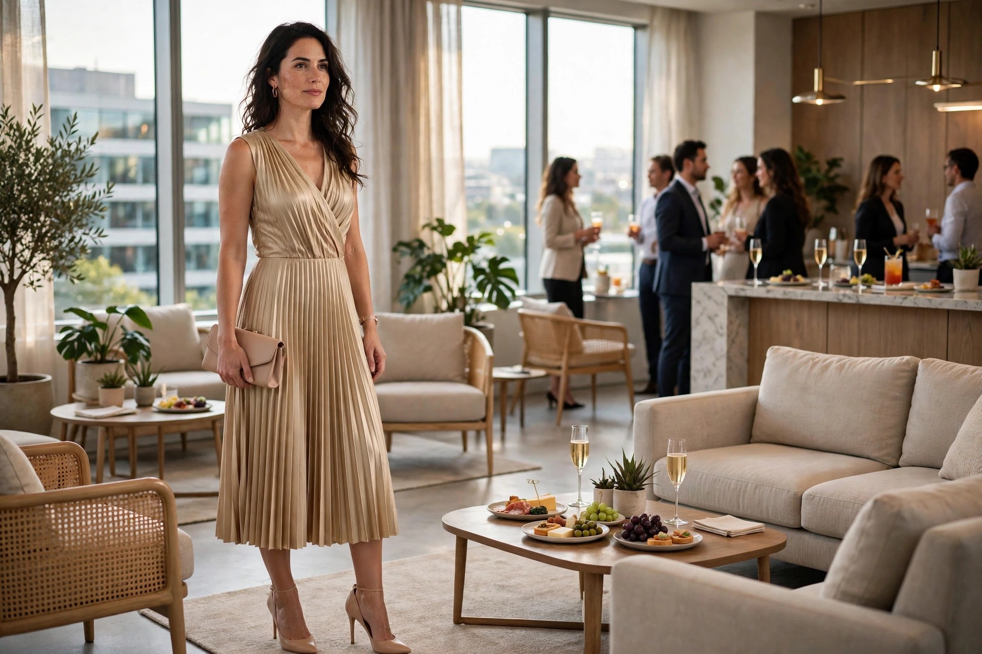 A woman in a champagne gold pleated midi dress with a nude clutch at an office cocktail gathering