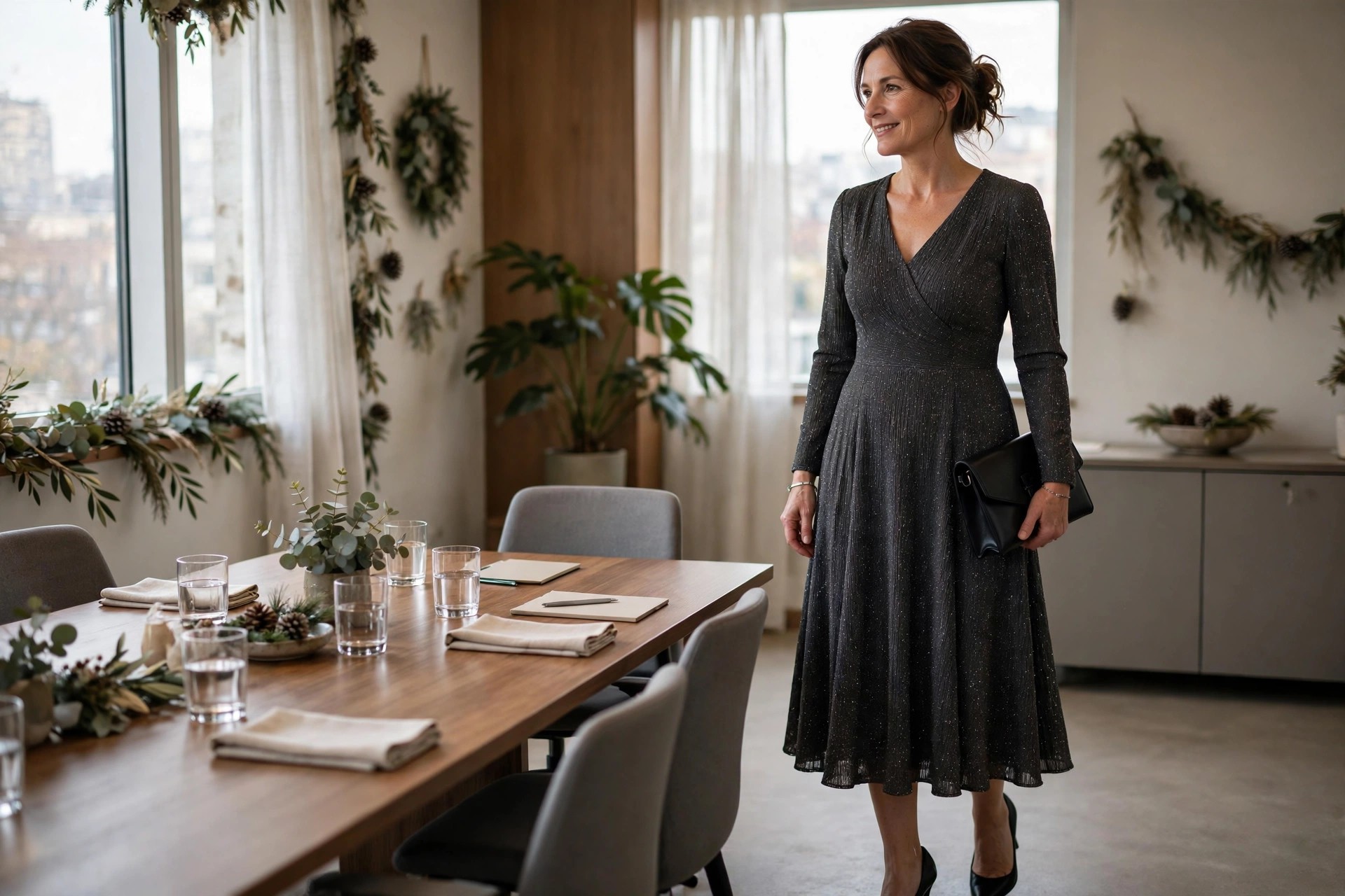 A woman in a charcoal midi dress with a fine metallic sparkle holding a black clutch in a meeting room